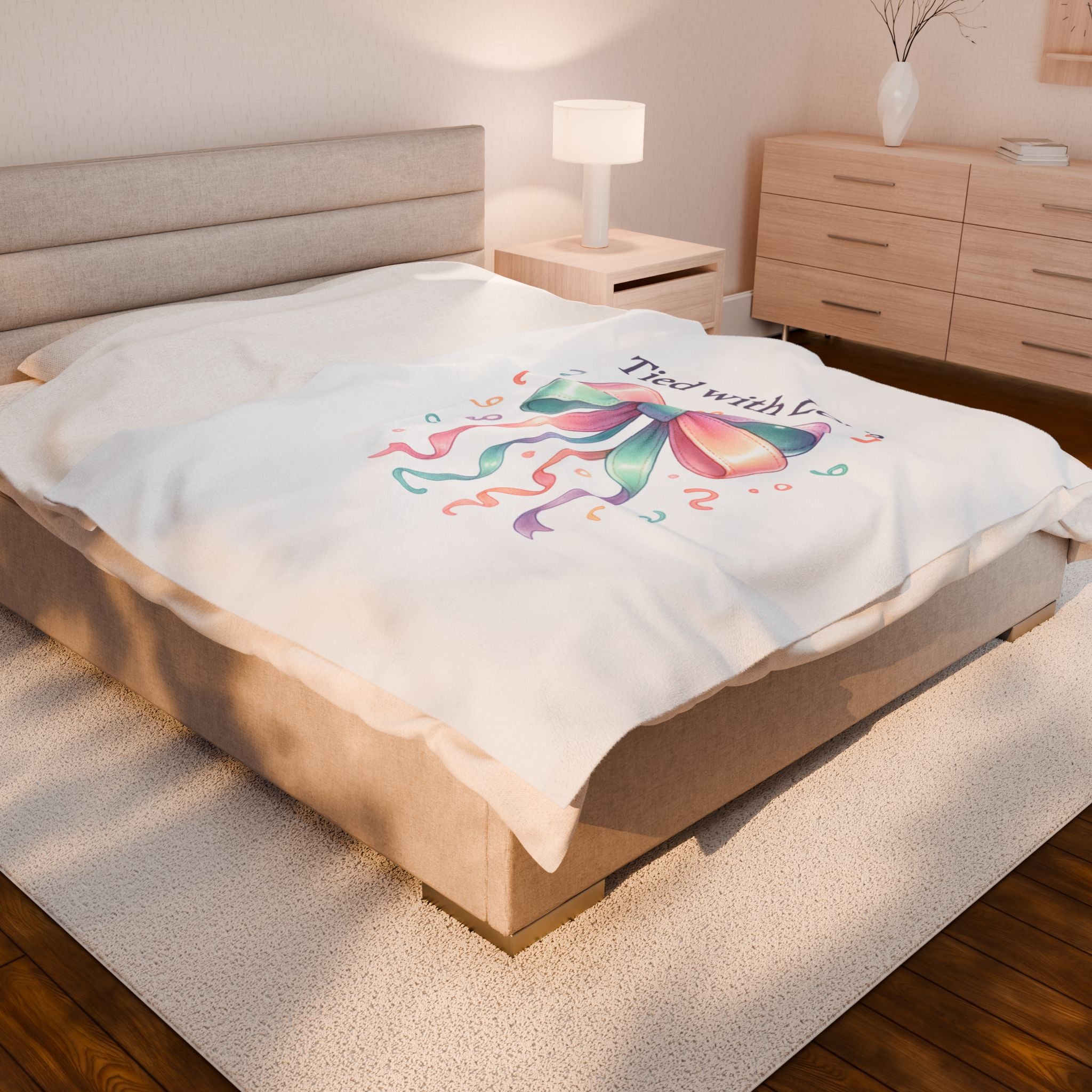 Velveteen Plush Blanket — "Tied with Love" Pastel Ribbon Throw for Gifts, Baby Showers & Cozy Keepsakes