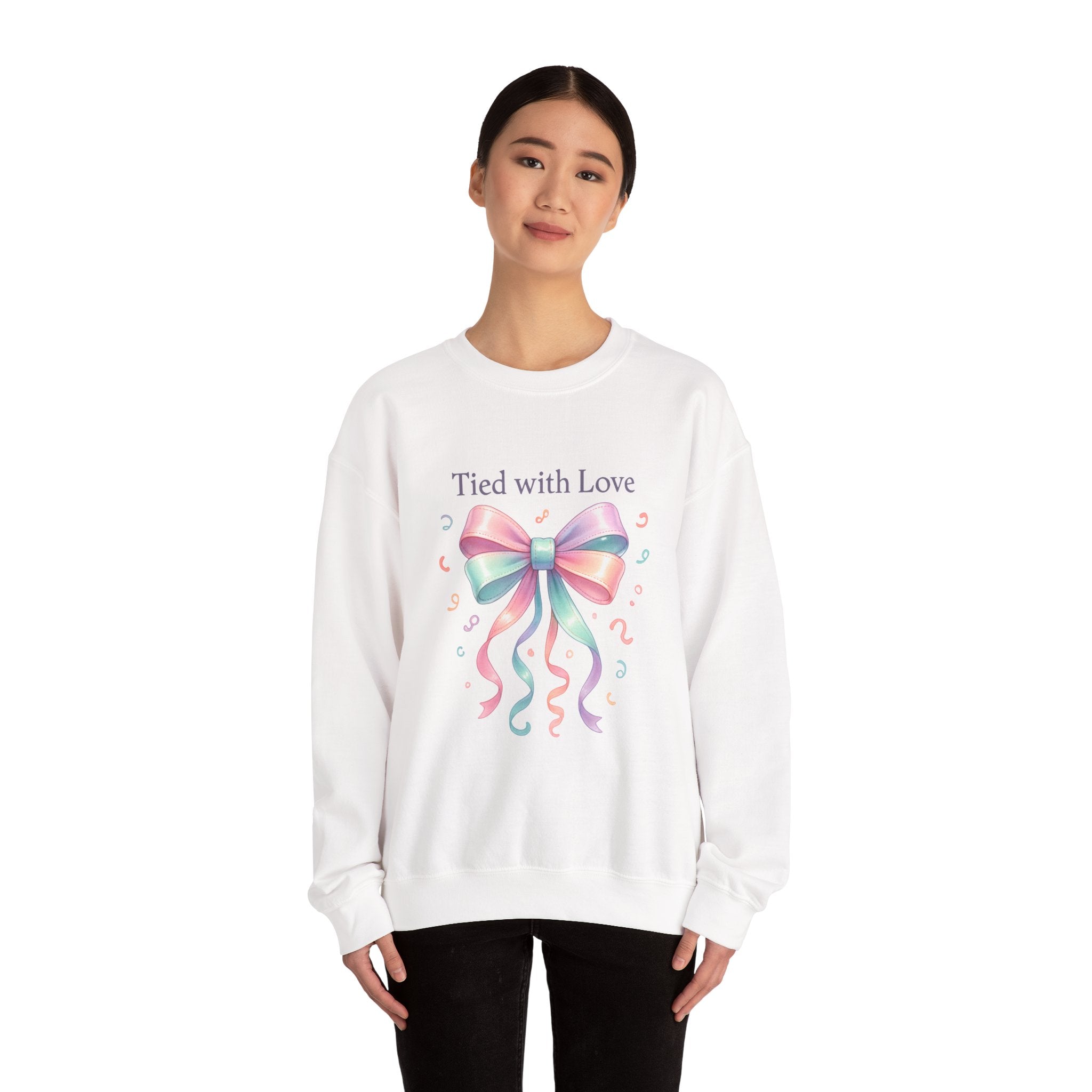 Crewneck Sweatshirt — "Tied with Love" Pastel Bow Gift Pullover