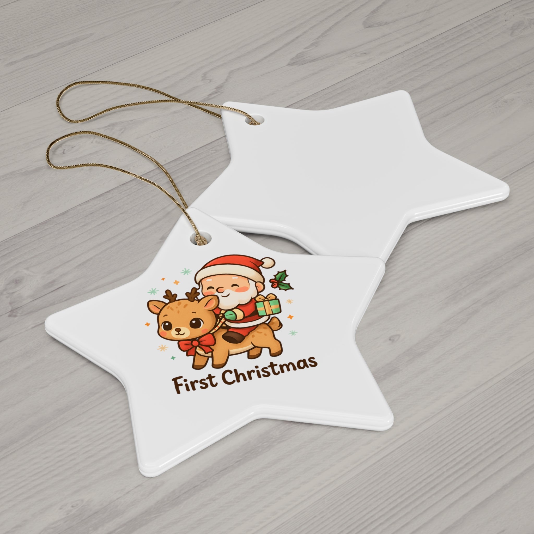 First Christmas Ceramic Ornament — Cute Santa Riding Reindeer (4 Shapes)