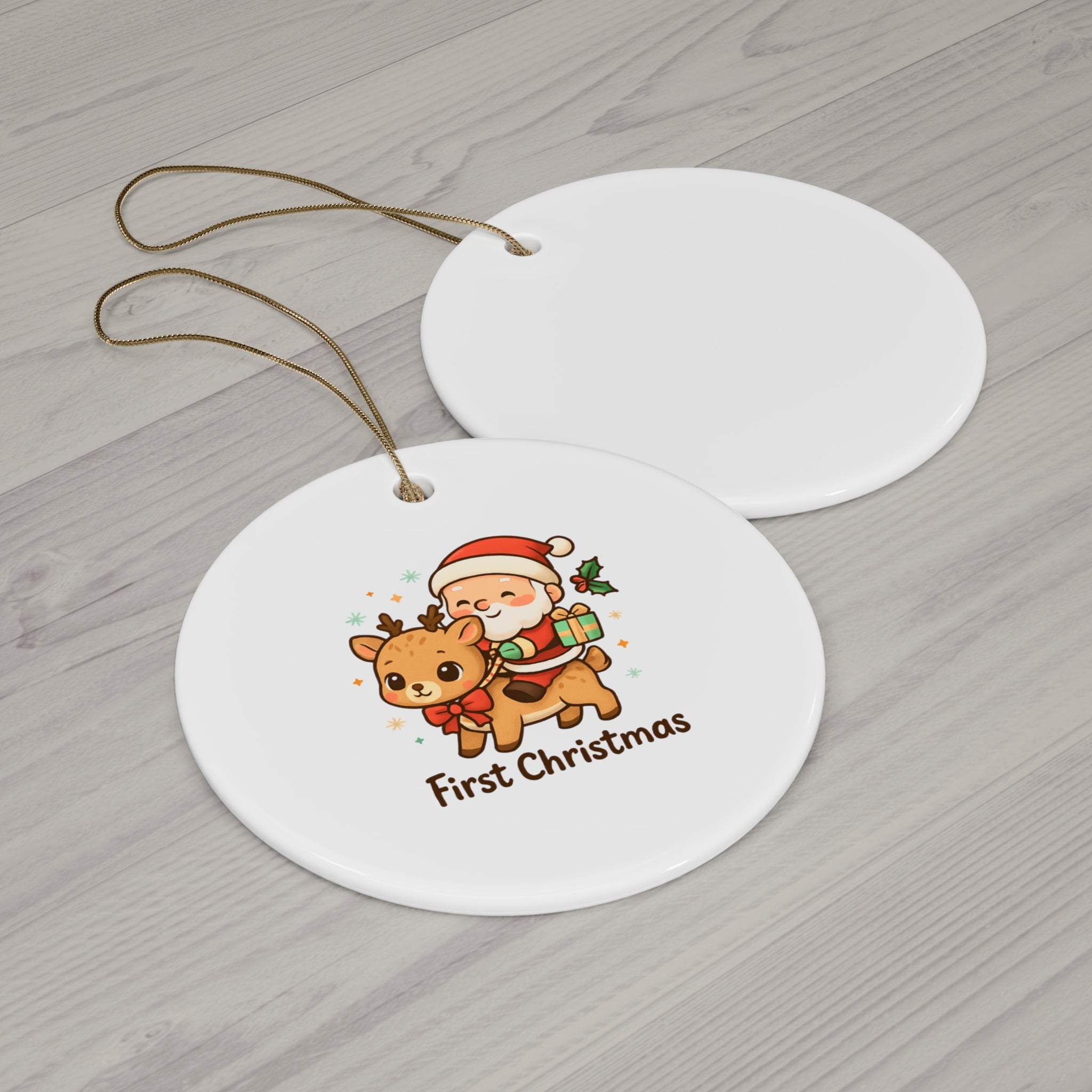 First Christmas Ceramic Ornament — Cute Santa Riding Reindeer (4 Shapes)