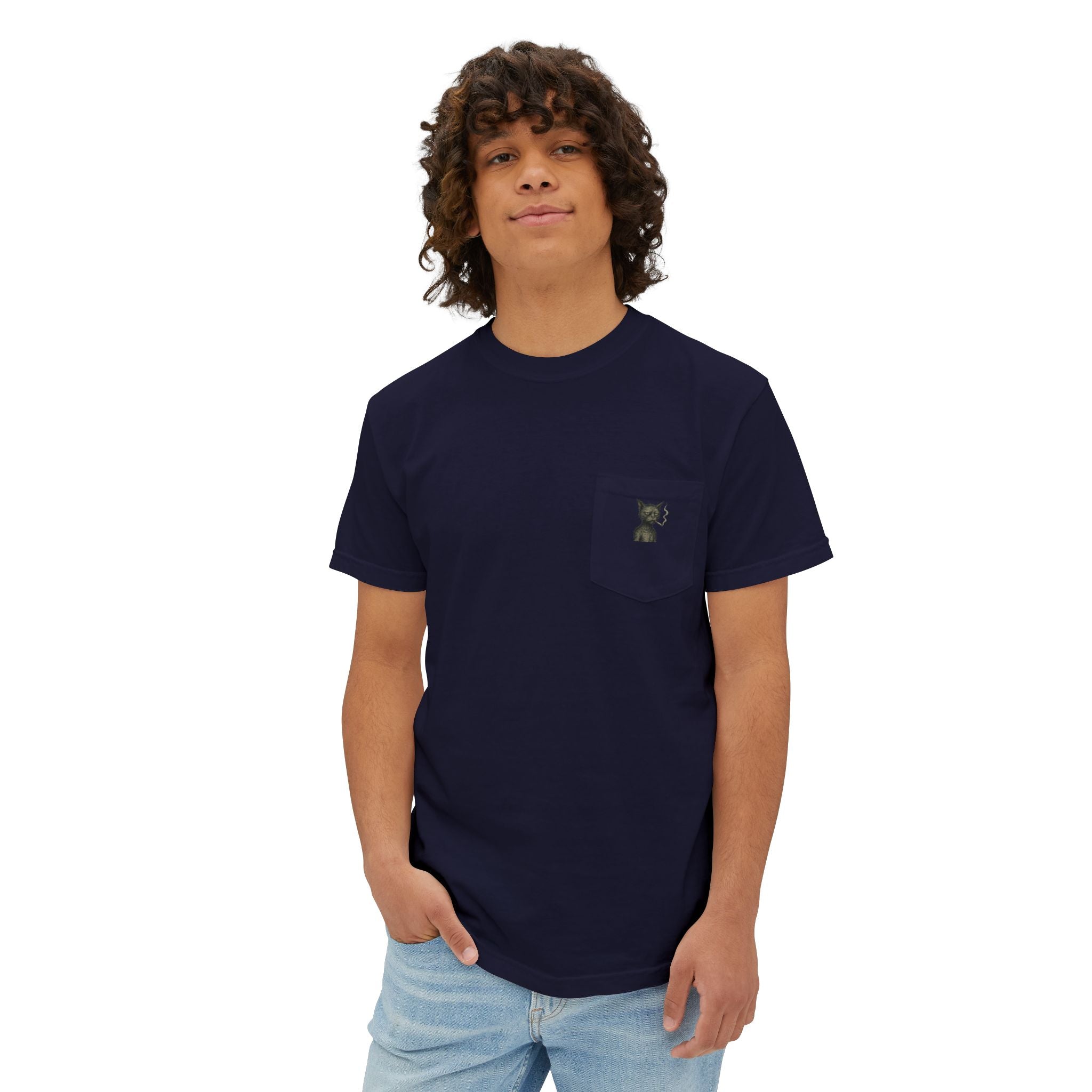 Pocket T-Shirt — Minimal Cat Silhouette Chest Pocket Tee