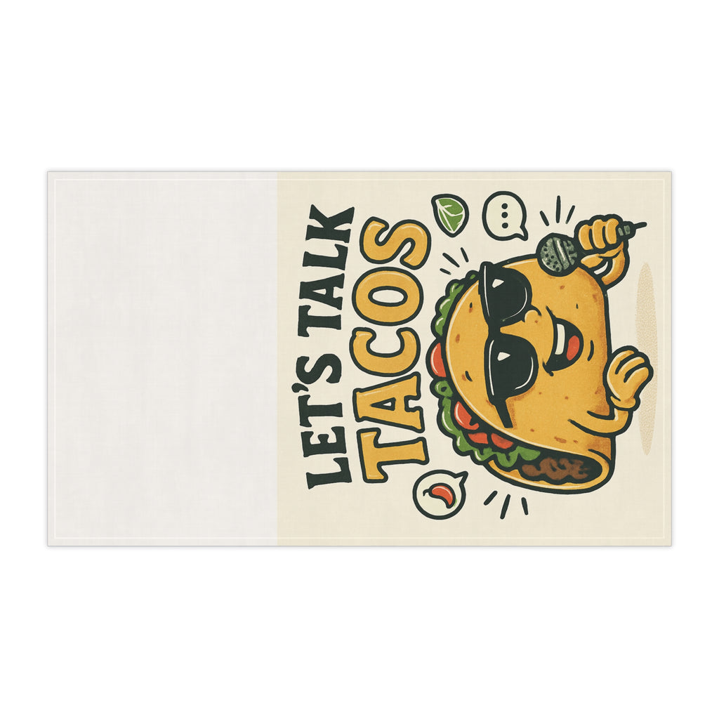 Let's Talk Tacos Tea Towel — Funny Taco Kitchen Towel with Sunglasses Mic Design