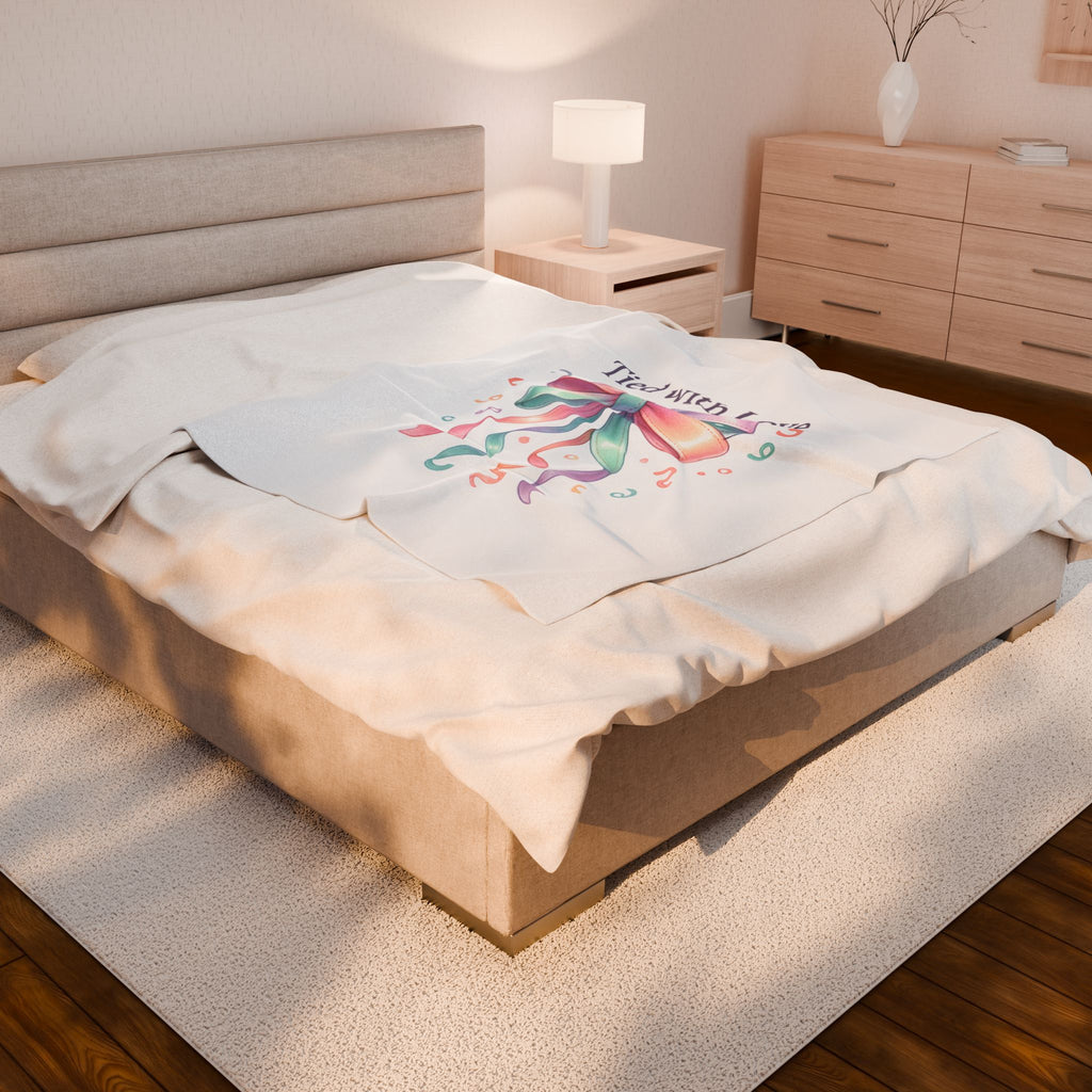 Velveteen Plush Blanket — "Tied with Love" Pastel Ribbon Throw for Gifts, Baby Showers & Cozy Keepsakes