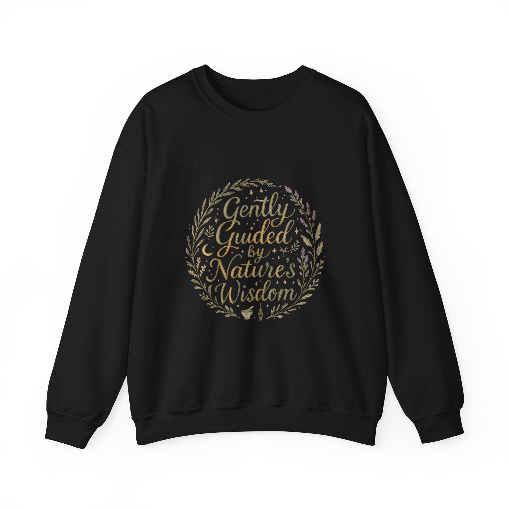 Crewneck Sweatshirt — "Gently Guided by Nature's Wisdom" Floral Wreath Eco Vibe