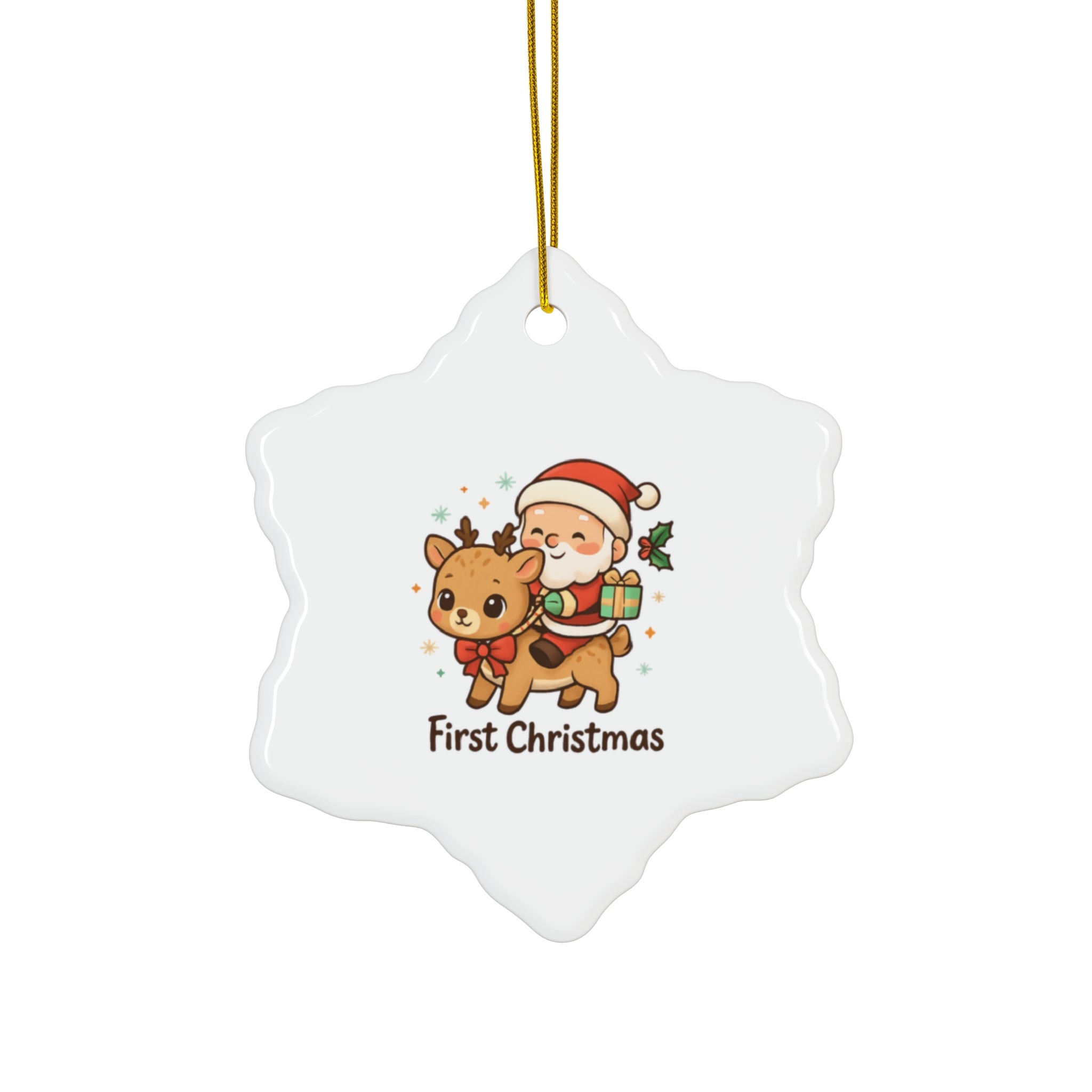 First Christmas Ceramic Ornament — Cute Santa Riding Reindeer (4 Shapes)