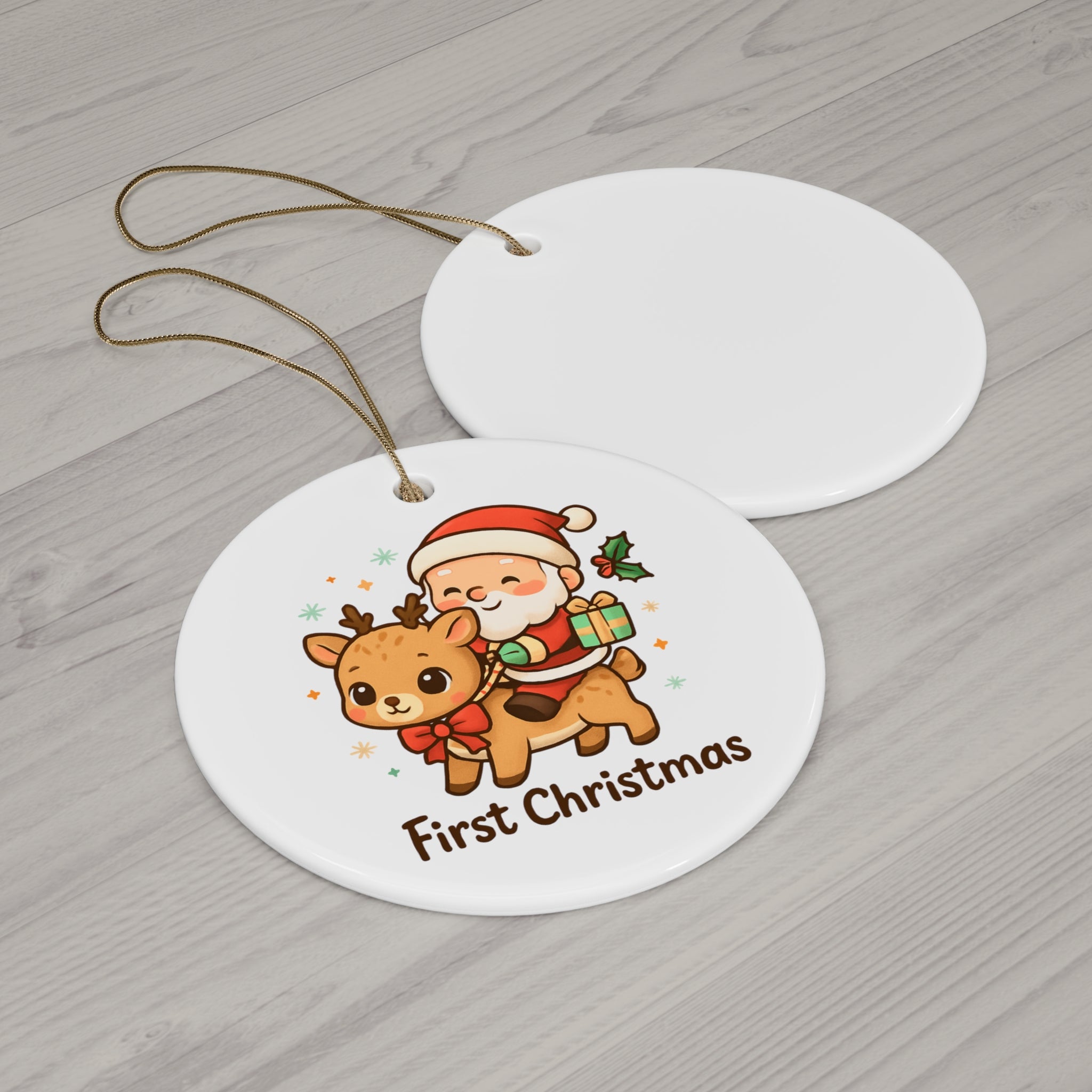 Santa and Reindeer First Christmas Ornament | Ceramic Round Ornament