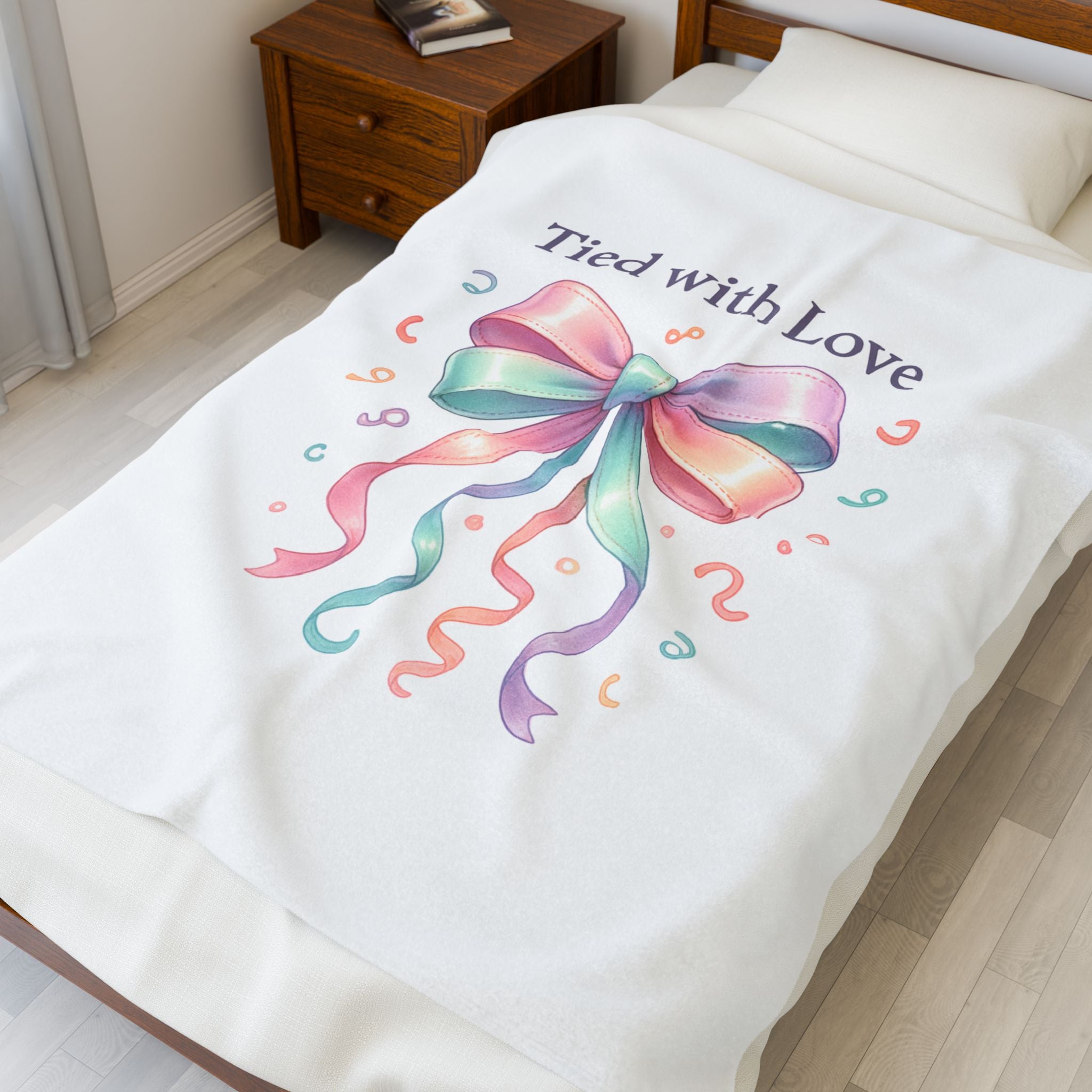 Velveteen Plush Blanket — "Tied with Love" Pastel Ribbon Throw for Gifts, Baby Showers & Cozy Keepsakes