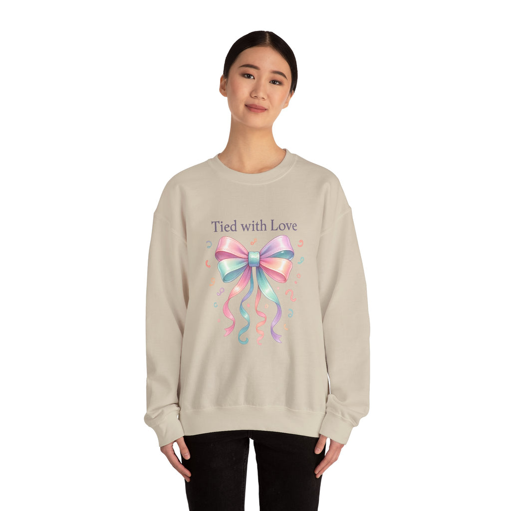 Crewneck Sweatshirt — "Tied with Love" Pastel Bow Gift Pullover