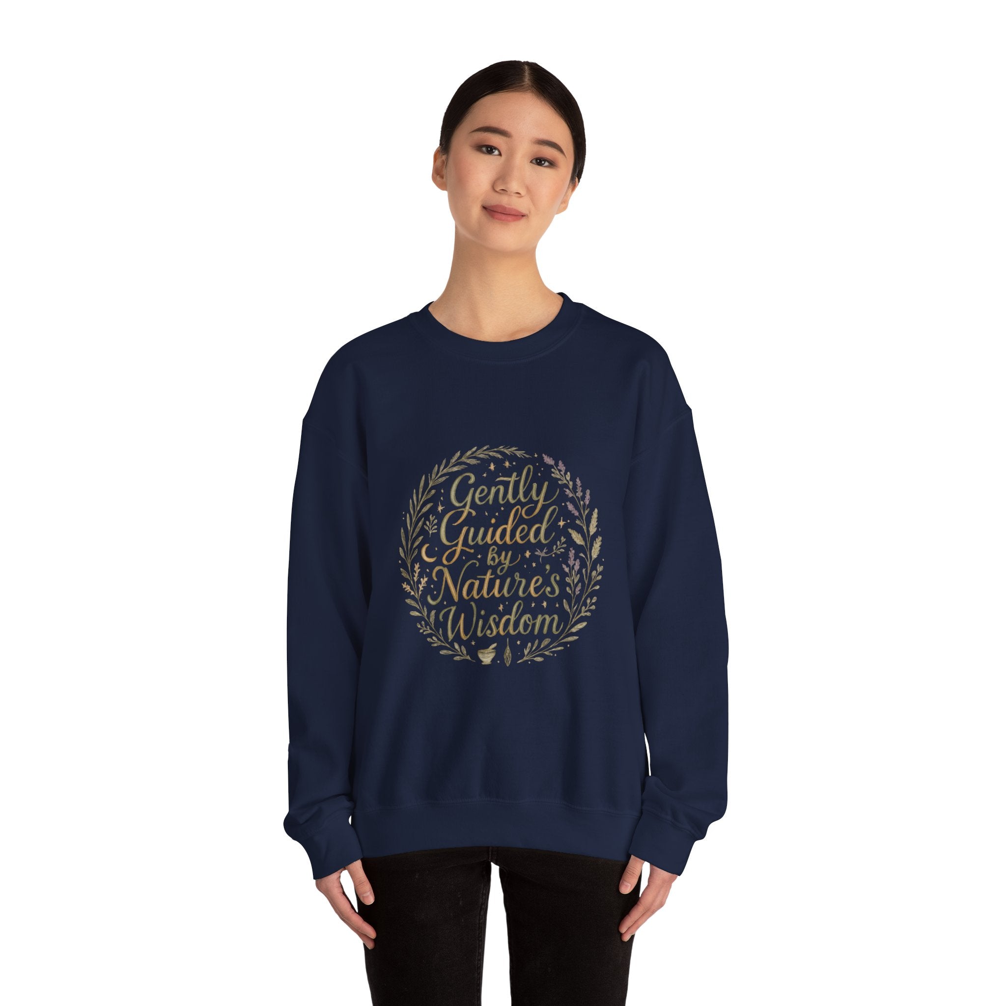 Crewneck Sweatshirt — "Gently Guided by Nature's Wisdom" Floral Wreath Eco Vibe