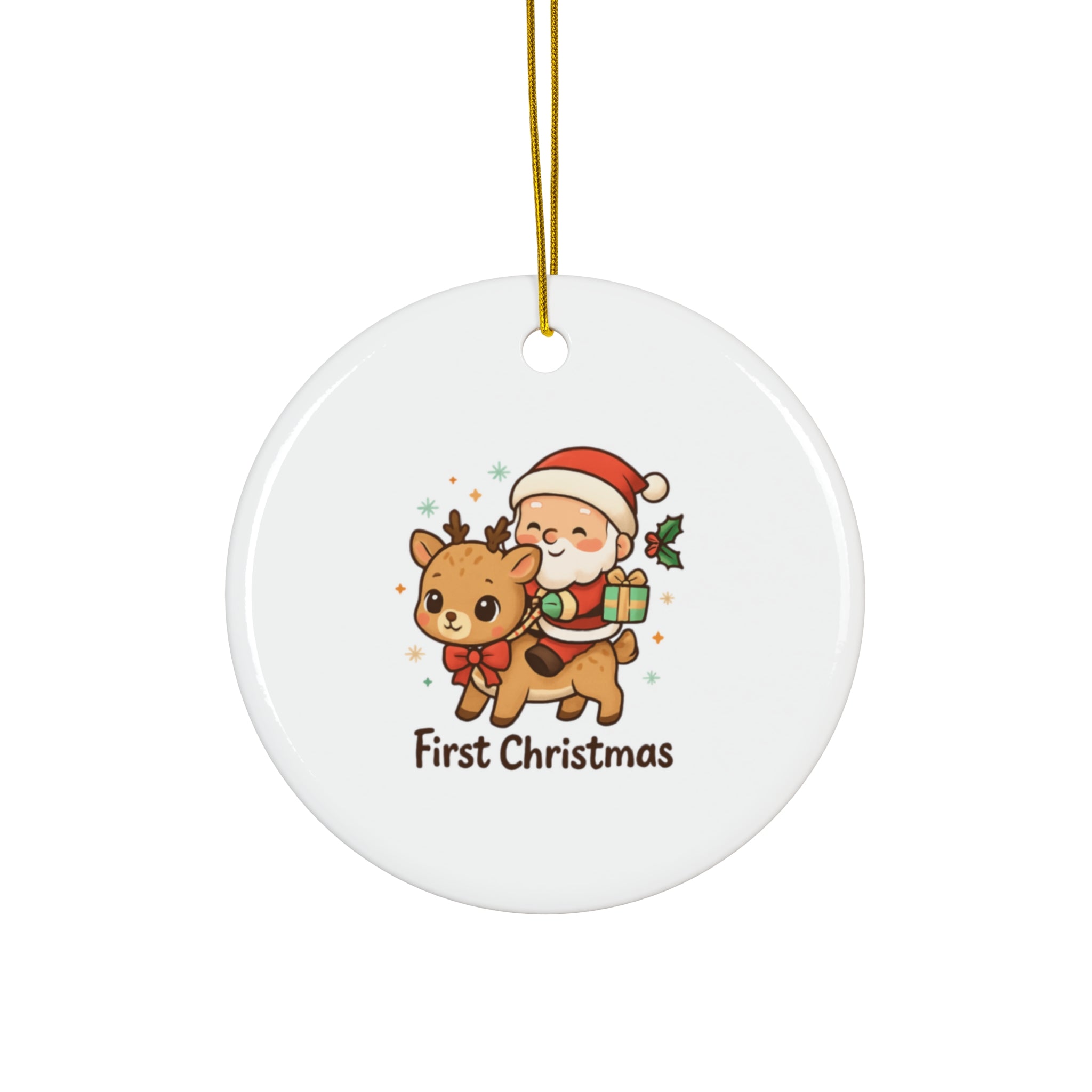 First Christmas Ceramic Ornament — Cute Santa Riding Reindeer (4 Shapes)