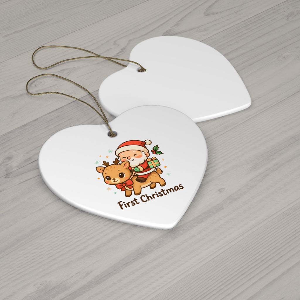 First Christmas Ceramic Ornament — Cute Santa Riding Reindeer (4 Shapes)