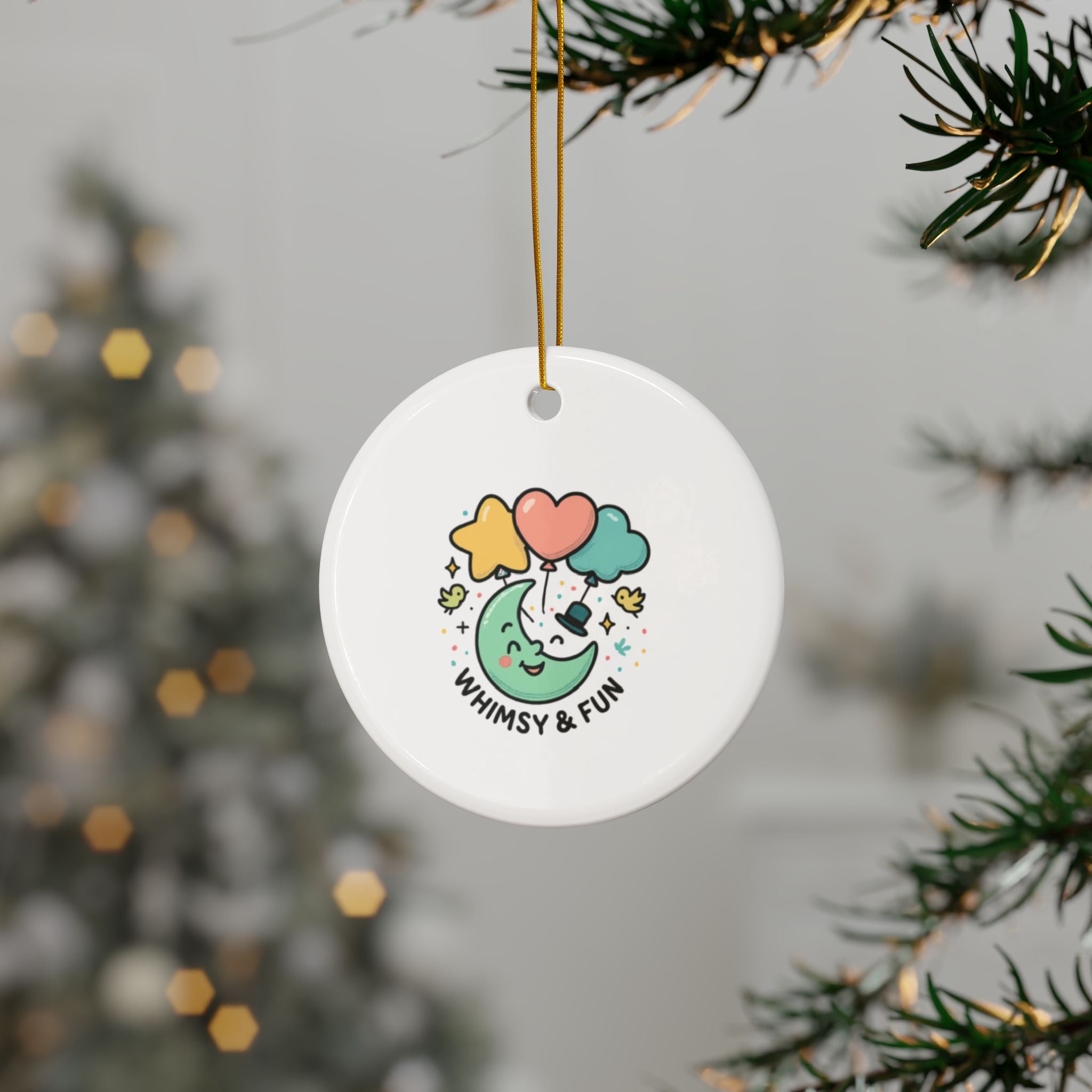 Whimsical Moon with Balloons Ceramic Ornament | Double-Sided Round Ornament