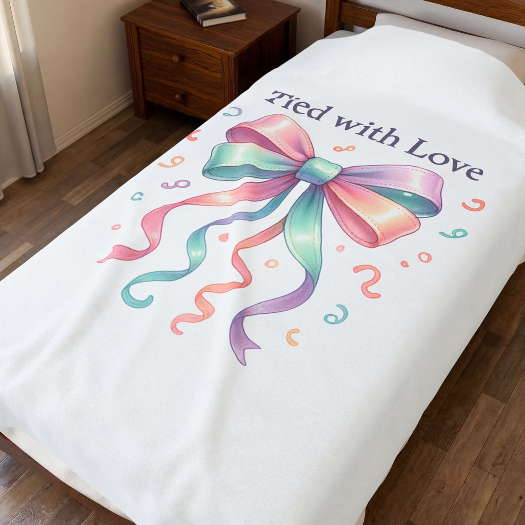 Velveteen Plush Blanket — 'Tied with Love' Pastel Bow Cozy Throw (Gift, Baby Shower, Mother's Day)