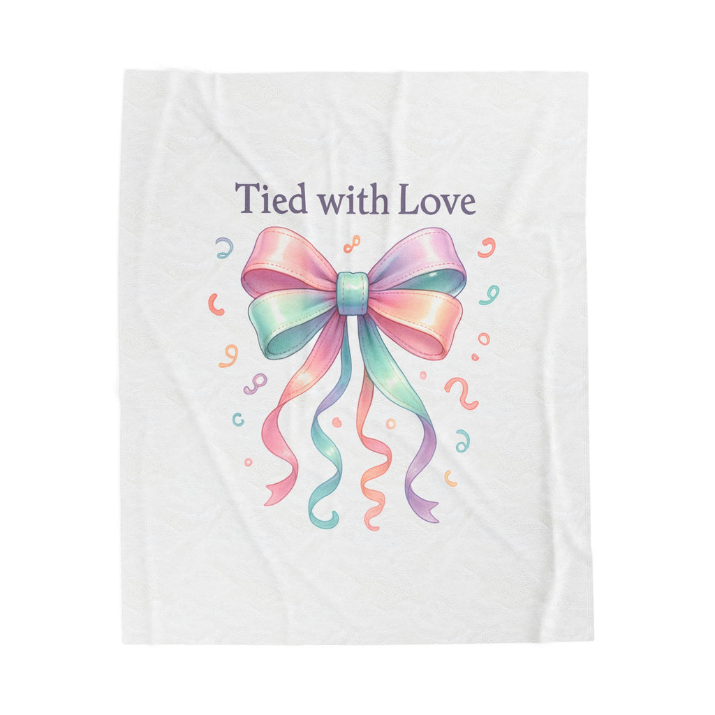 Velveteen Plush Blanket — "Tied with Love" Pastel Ribbon Throw for Gifts, Baby Showers & Cozy Keepsakes