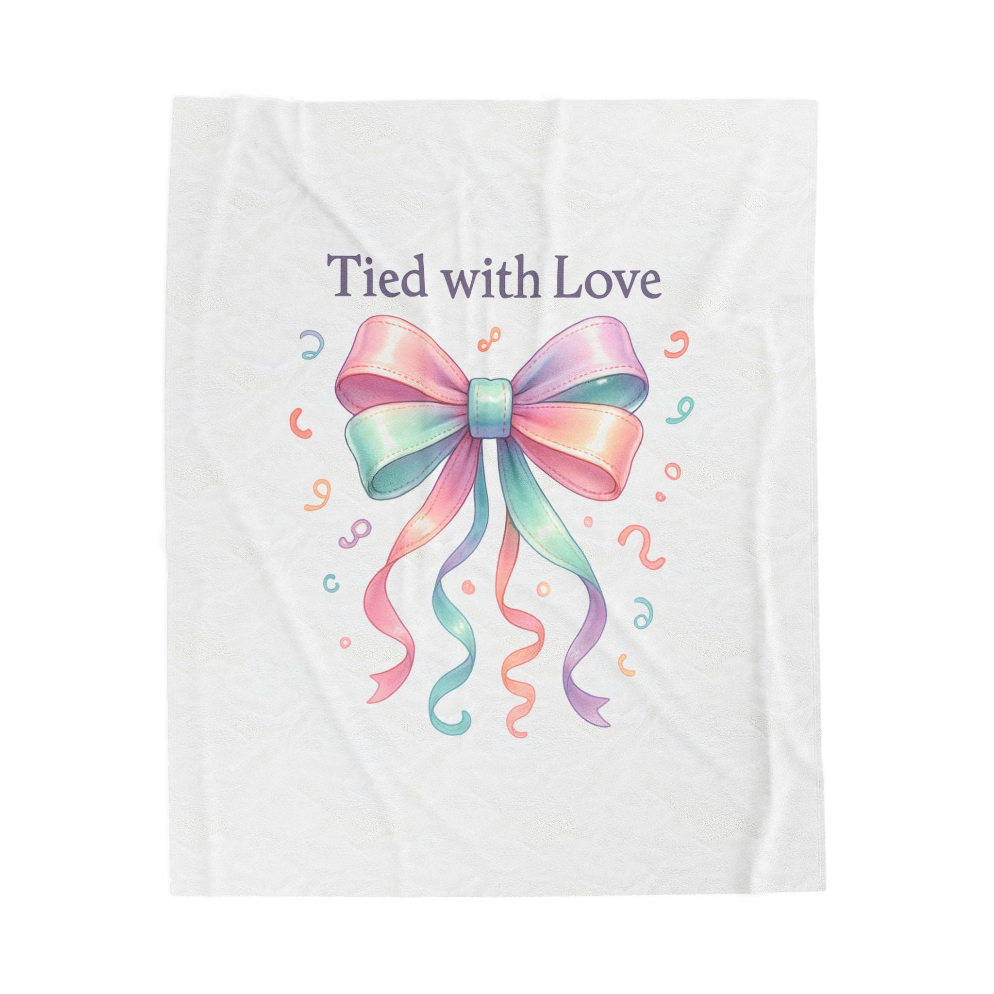 Velveteen Plush Blanket — "Tied with Love" Pastel Ribbon Throw for Gifts, Baby Showers & Cozy Keepsakes