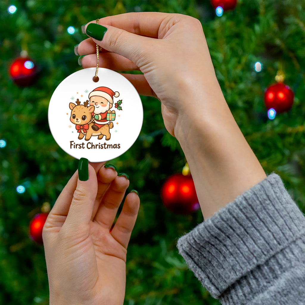 Santa and Reindeer First Christmas Ornament | Ceramic Round Ornament