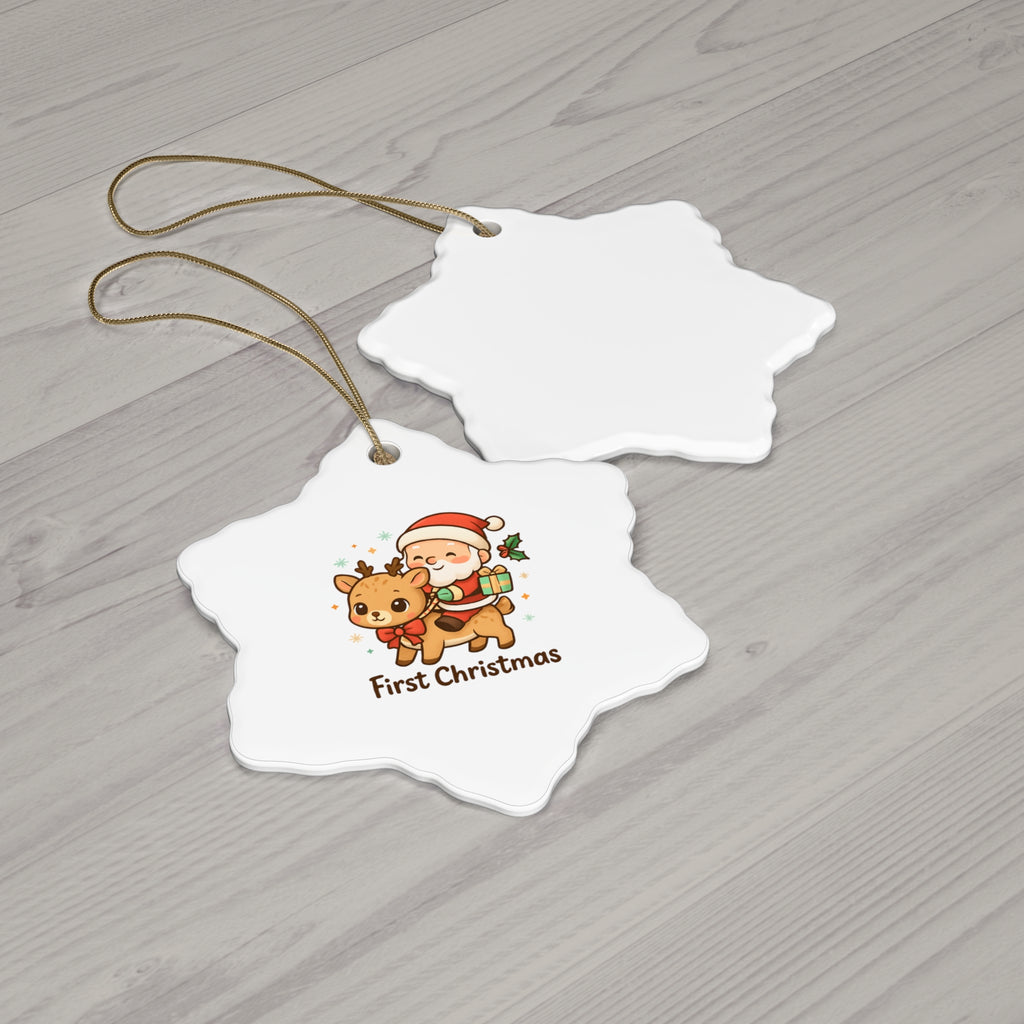 First Christmas Ceramic Ornament — Cute Santa Riding Reindeer (4 Shapes)