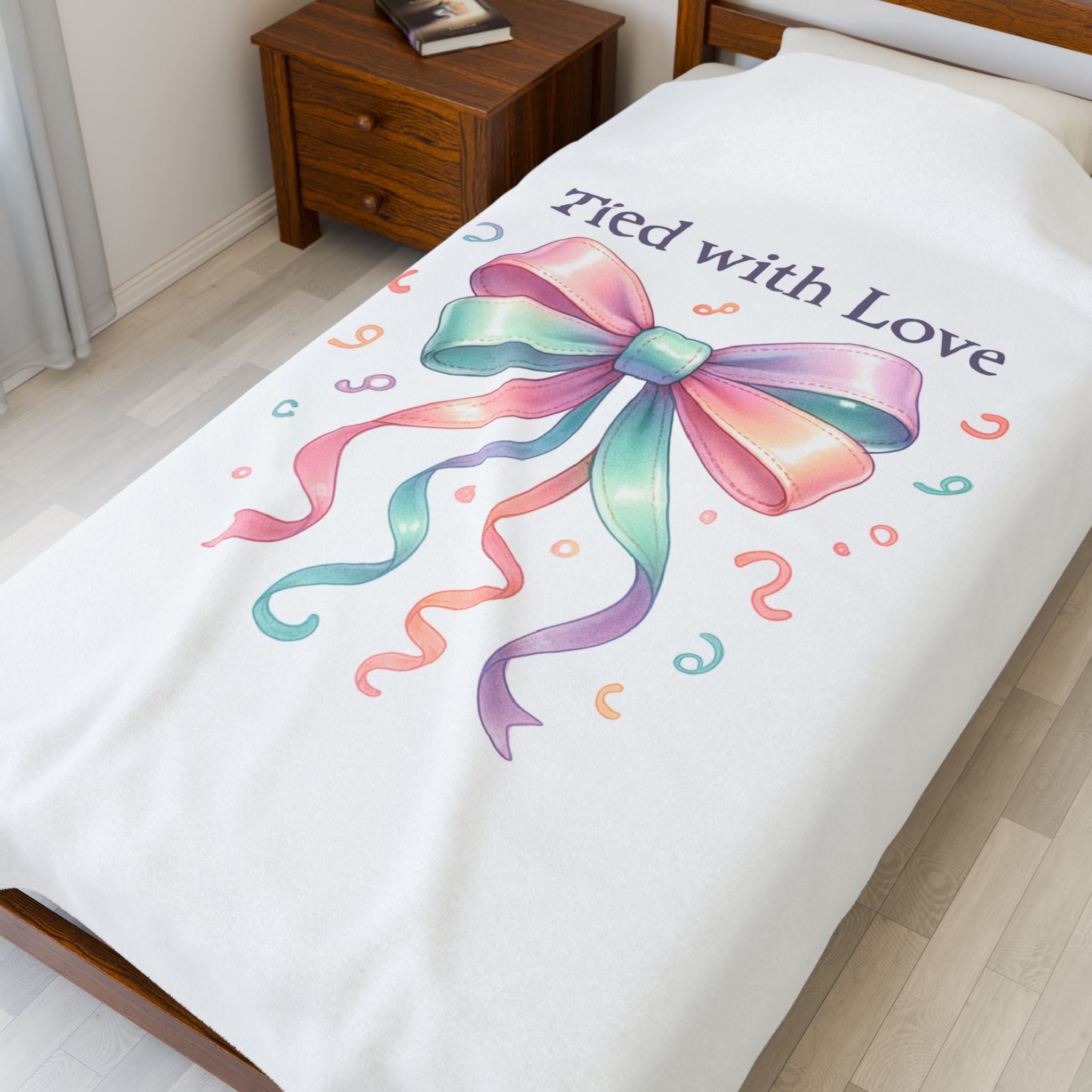 Velveteen Plush Blanket — "Tied with Love" Pastel Ribbon Throw for Gifts, Baby Showers & Cozy Keepsakes