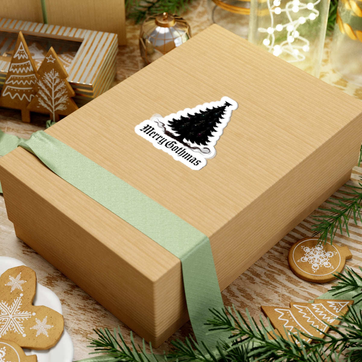 Merry Gothmas Kiss-Cut Sticker — Gothic Black Christmas Tree Decal