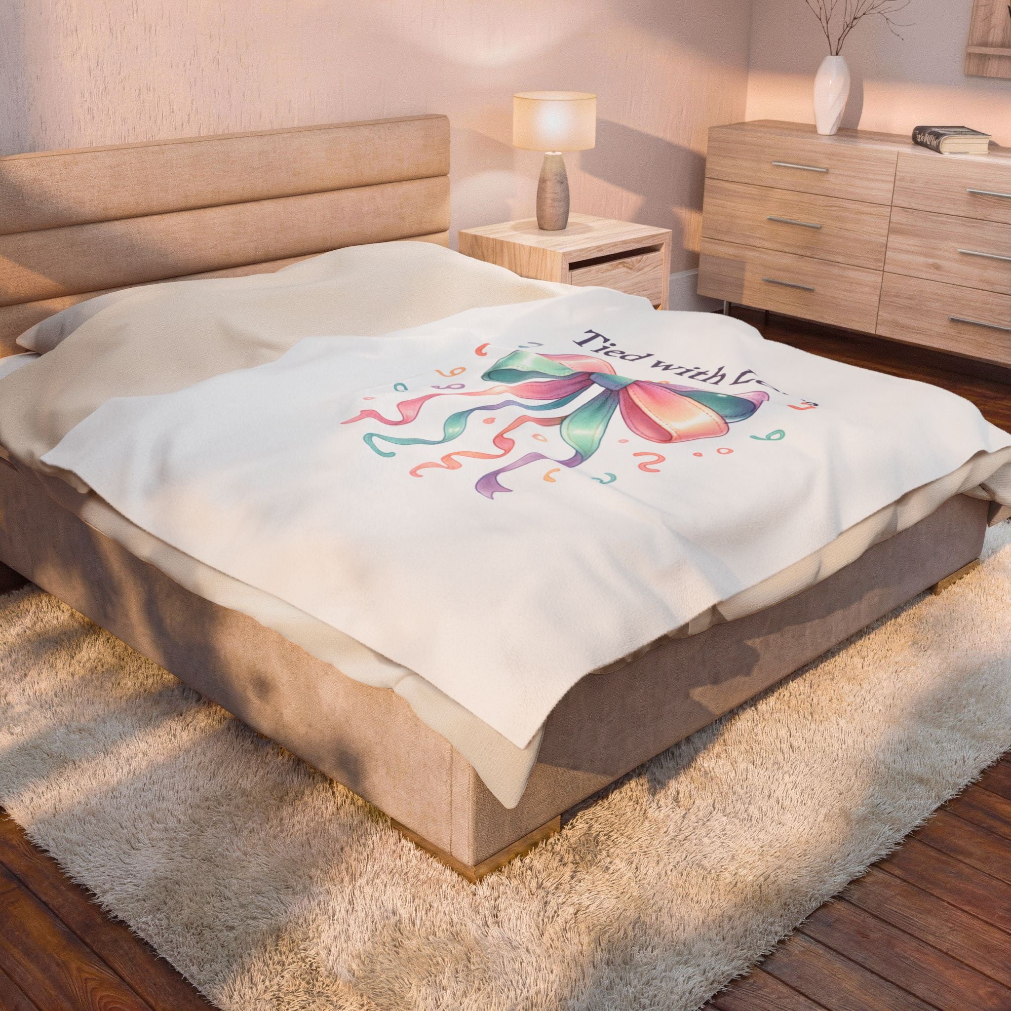 Velveteen Plush Blanket — 'Tied with Love' Pastel Bow Cozy Throw (Gift, Baby Shower, Mother's Day)