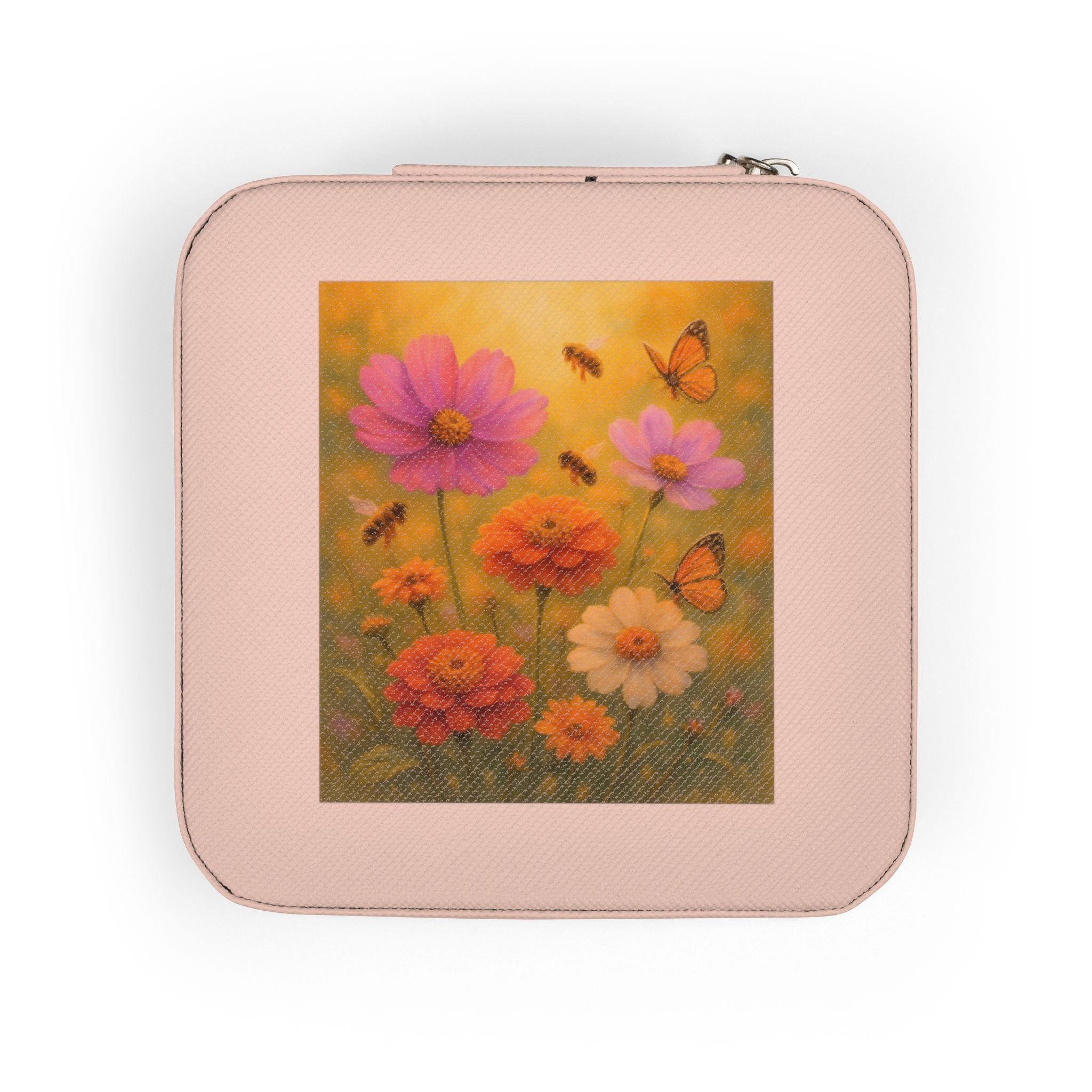 Floral Travel Jewelry Case — Compact Pink Organizer for Rings, Earrings & Necklaces