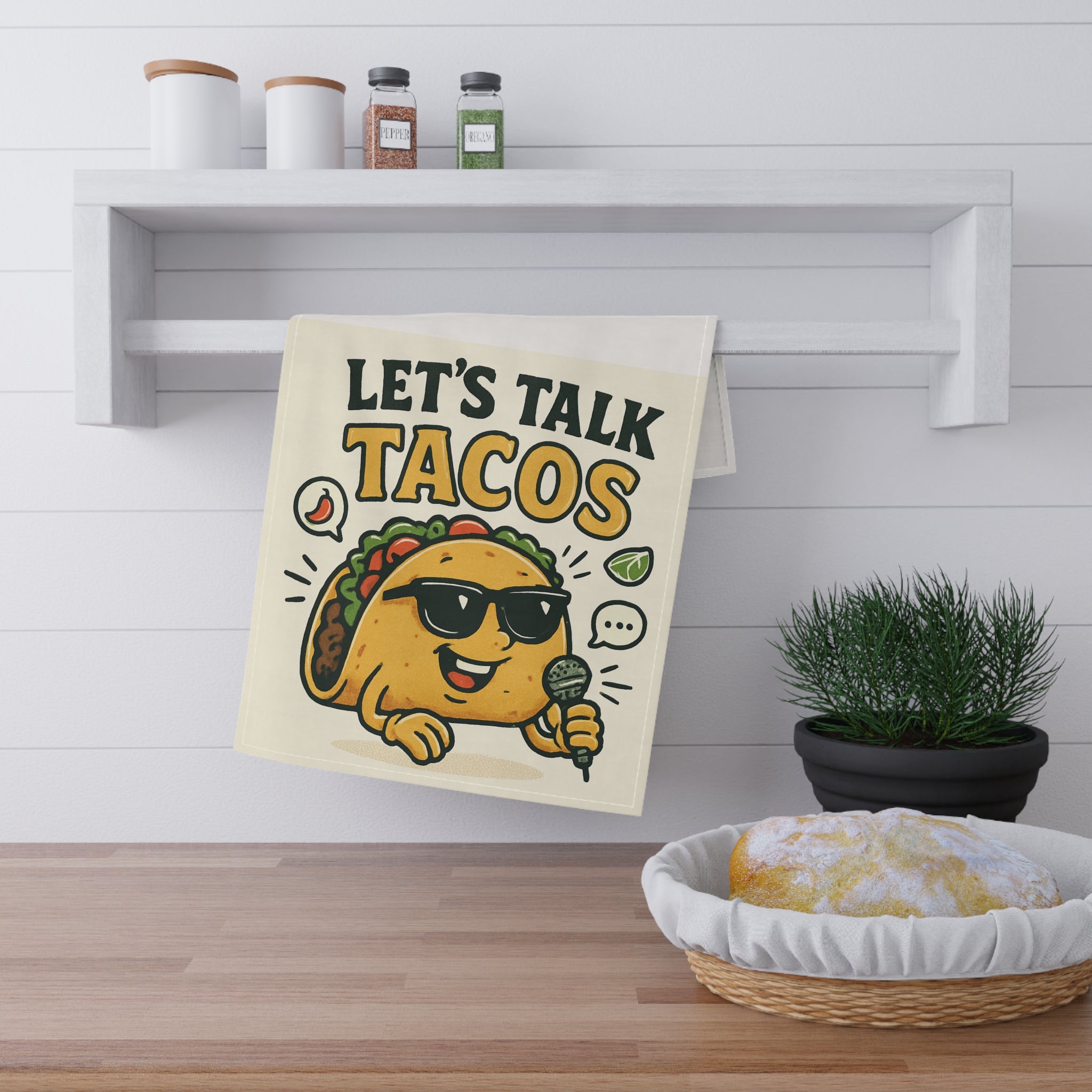 Let's Talk Tacos Tea Towel | Funny Taco Cartoon Kitchen Towel