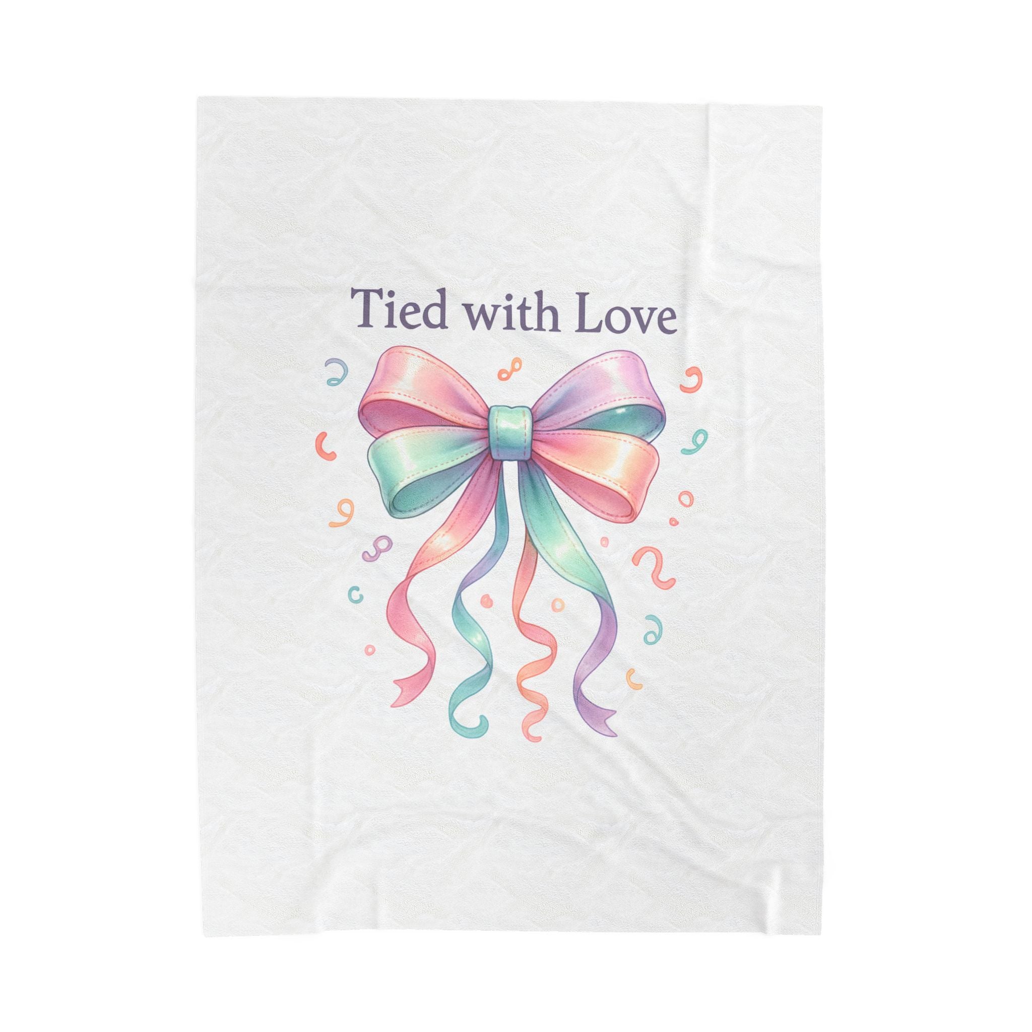 Velveteen Plush Blanket — "Tied with Love" Pastel Ribbon Throw for Gifts, Baby Showers & Cozy Keepsakes