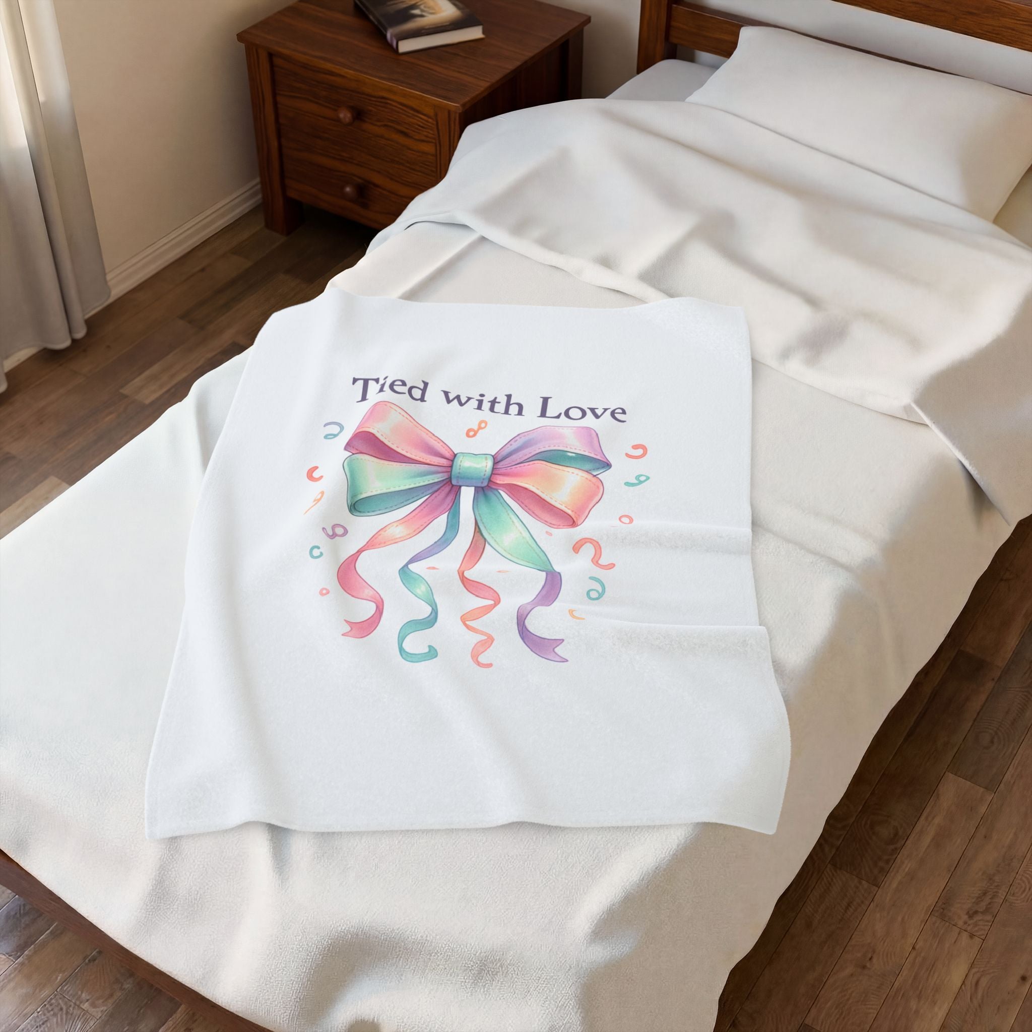 Velveteen Plush Blanket — 'Tied with Love' Pastel Bow Cozy Throw (Gift, Baby Shower, Mother's Day)
