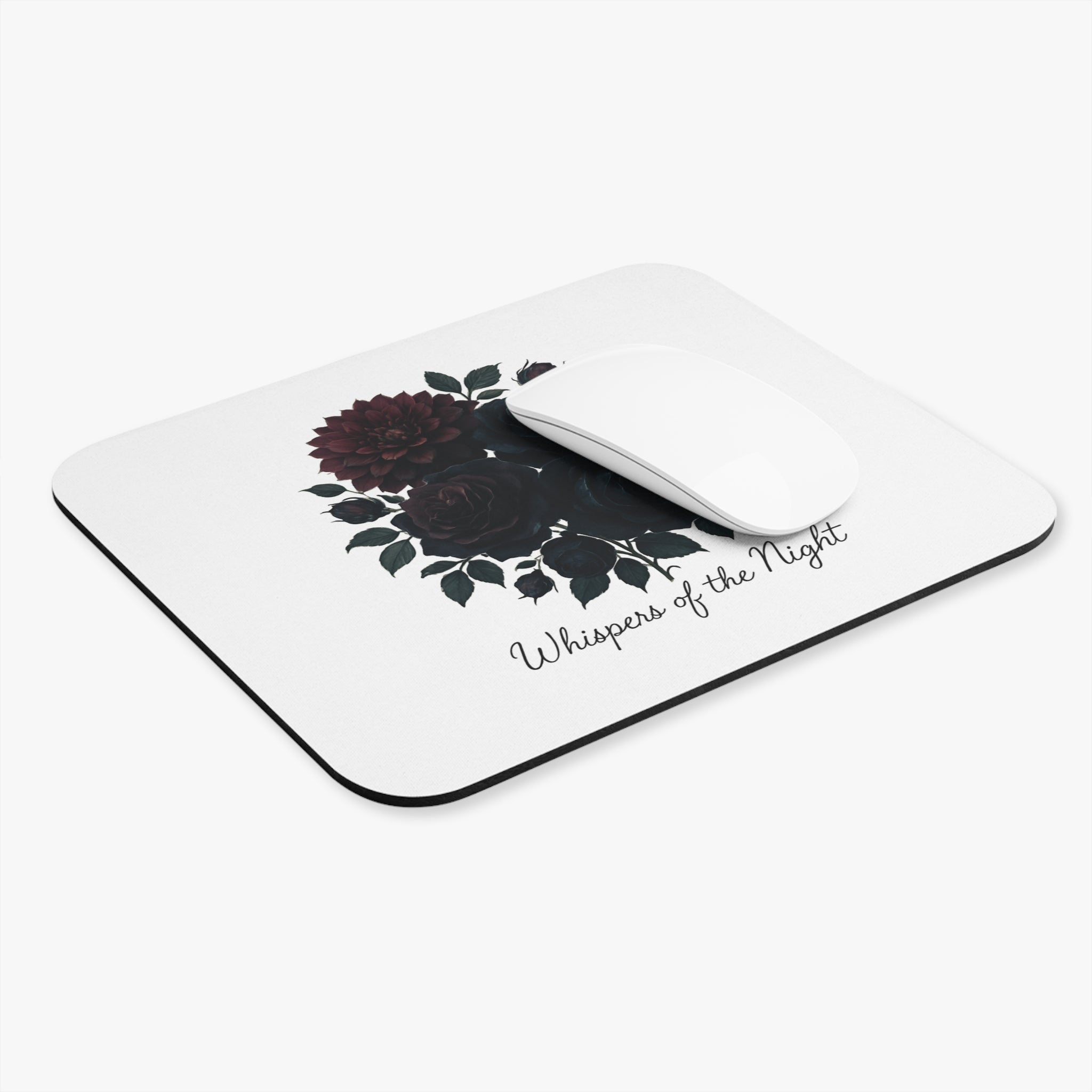 Whispers of the Night floral bouquet Mouse Pad | dark roses, script text