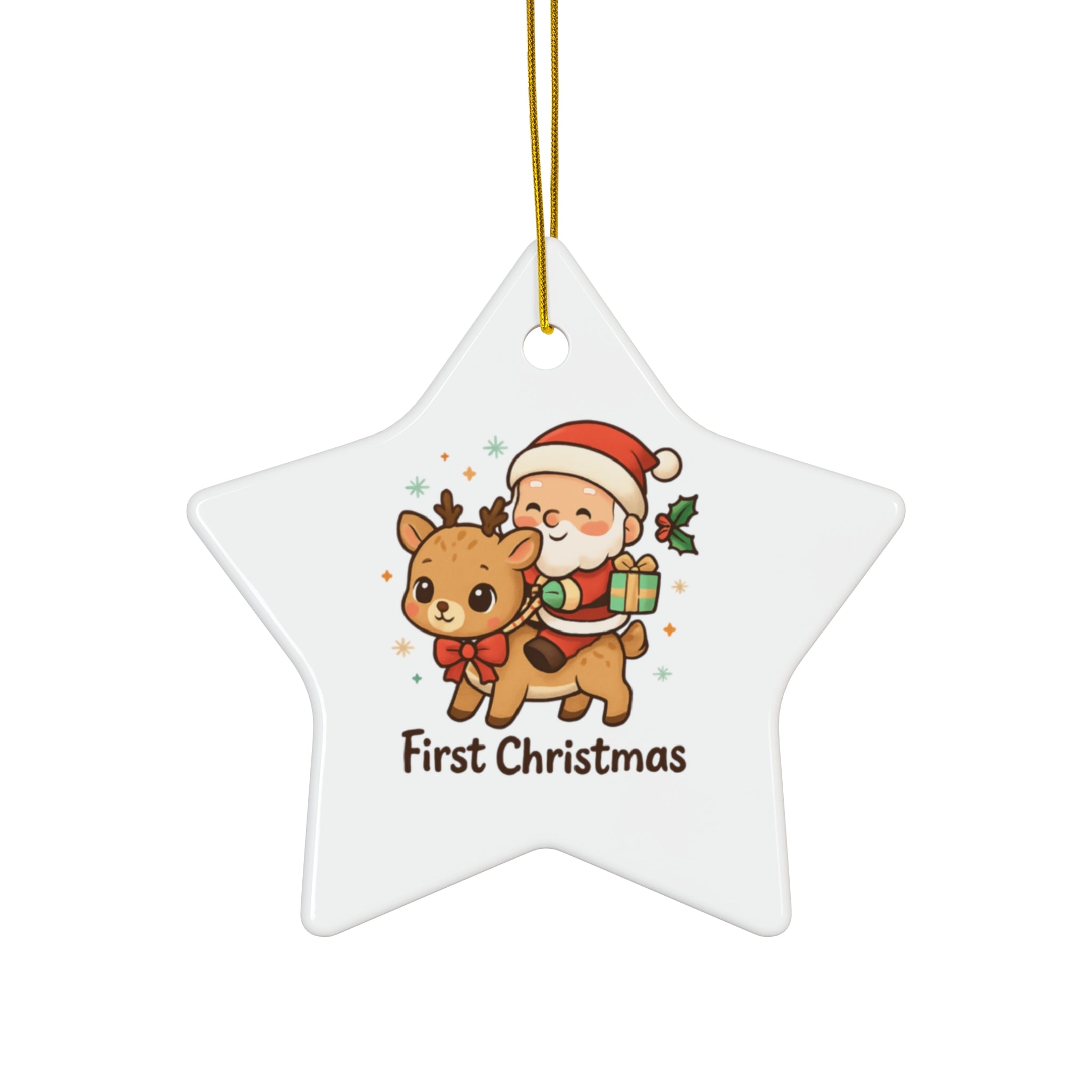 First Christmas Ceramic Ornament — Cute Santa Riding Reindeer (4 Shapes)