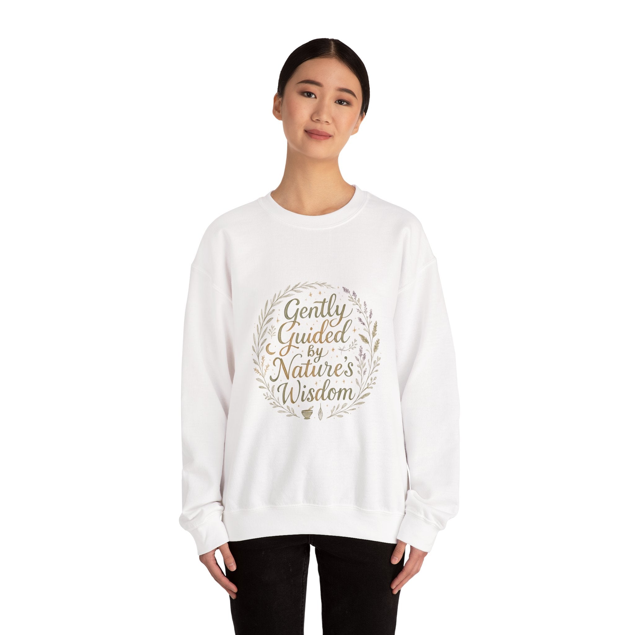 Crewneck Sweatshirt — "Gently Guided by Nature's Wisdom" Floral Wreath Eco Vibe