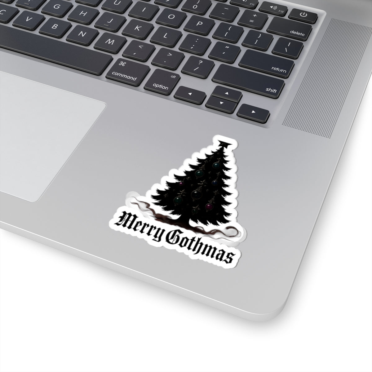Merry Gothmas Kiss-Cut Sticker — Gothic Black Christmas Tree Decal
