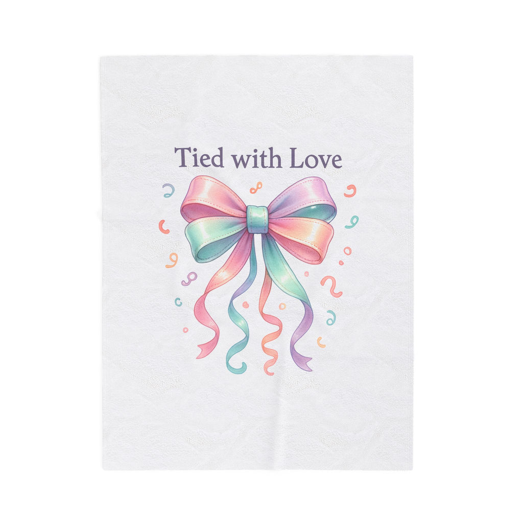 Velveteen Plush Blanket — "Tied with Love" Pastel Ribbon Throw for Gifts, Baby Showers & Cozy Keepsakes