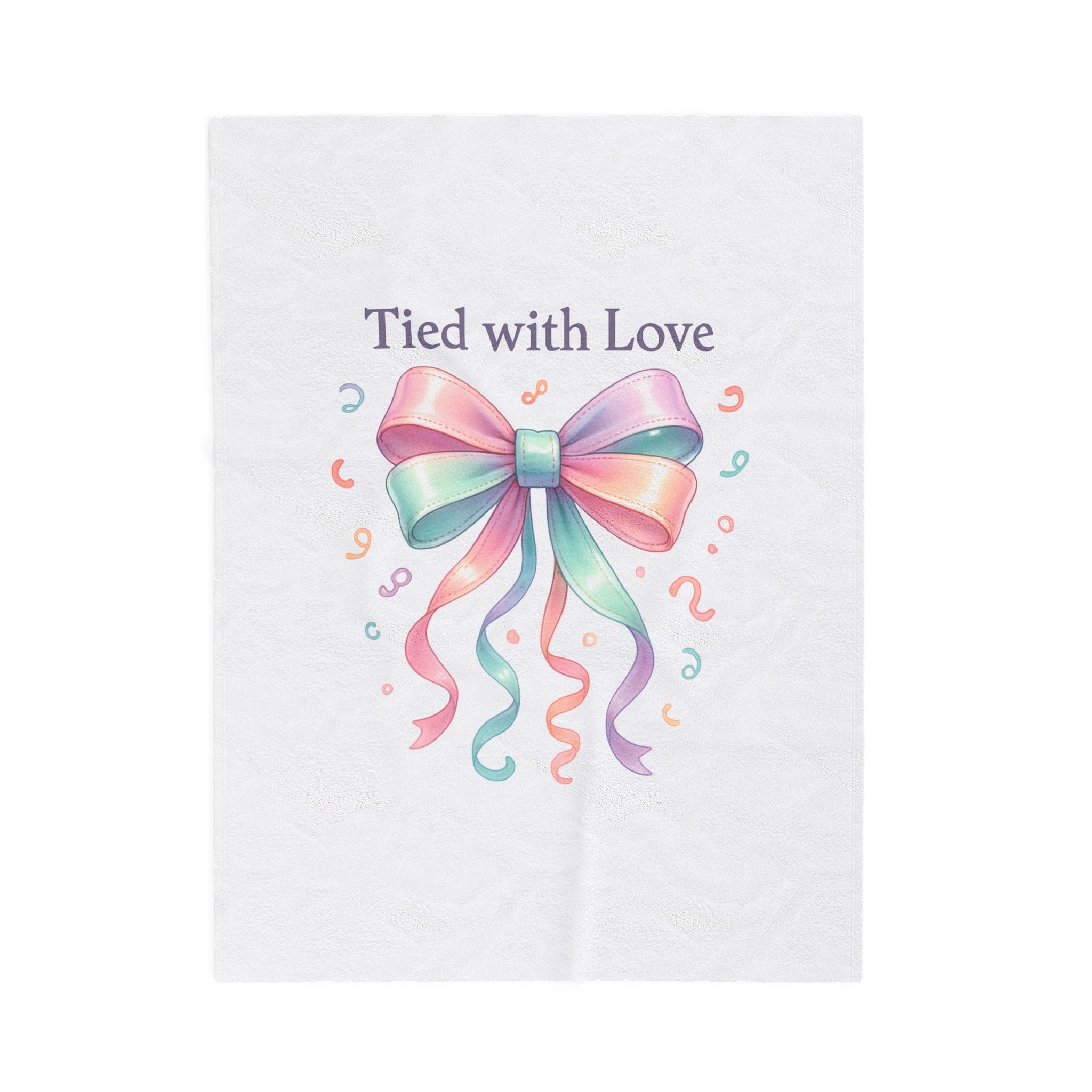 Velveteen Plush Blanket — "Tied with Love" Pastel Ribbon Throw for Gifts, Baby Showers & Cozy Keepsakes
