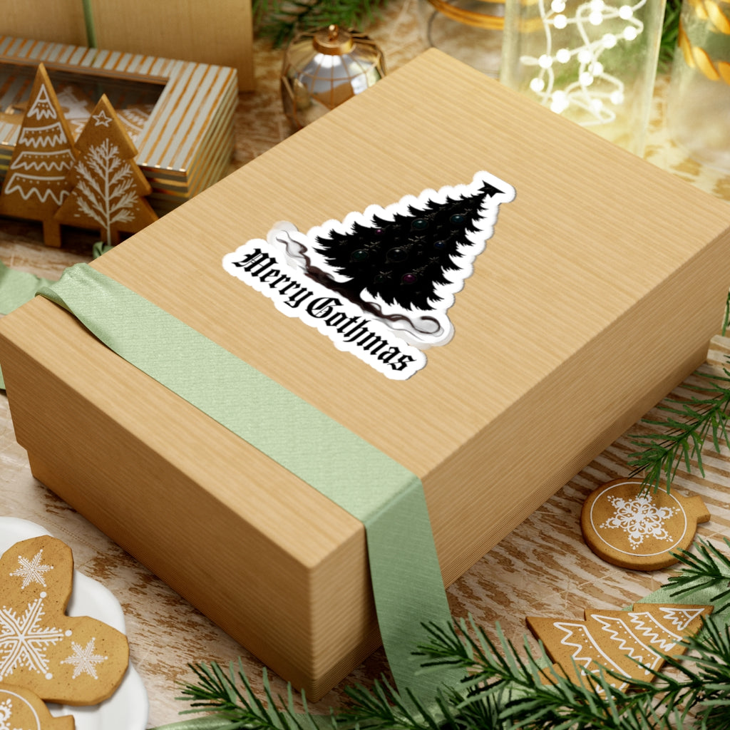 Merry Gothmas Kiss-Cut Sticker — Gothic Black Christmas Tree Decal