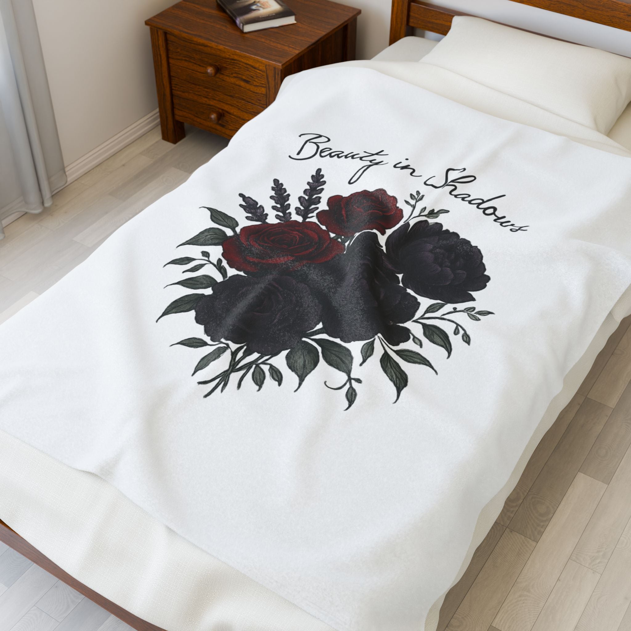 Velveteen Blanket — "Beauty in Shadows" Dark Rose Plush Throw