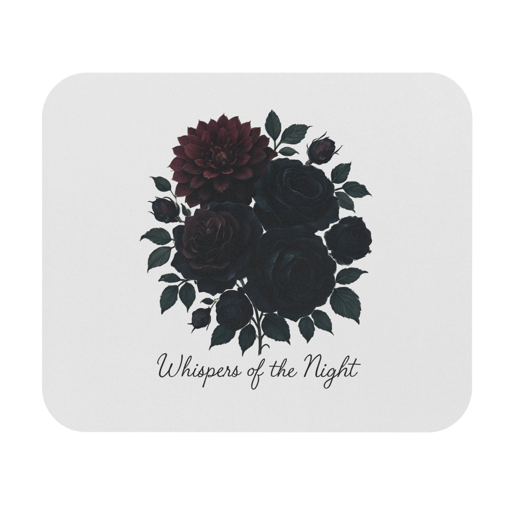 Whispers of the Night floral bouquet Mouse Pad | dark roses, script text