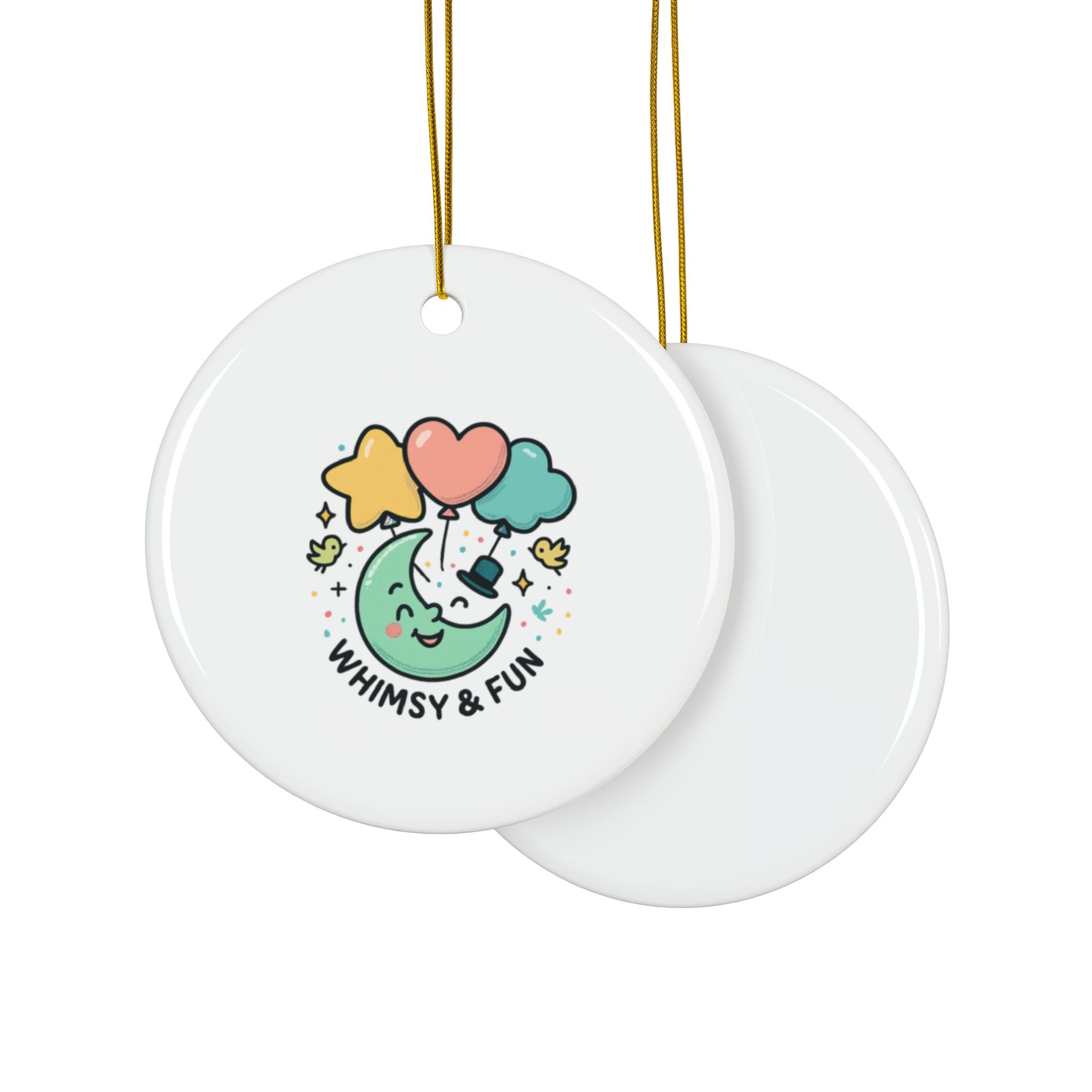 Whimsical Moon with Balloons Ceramic Ornament | Double-Sided Round Ornament