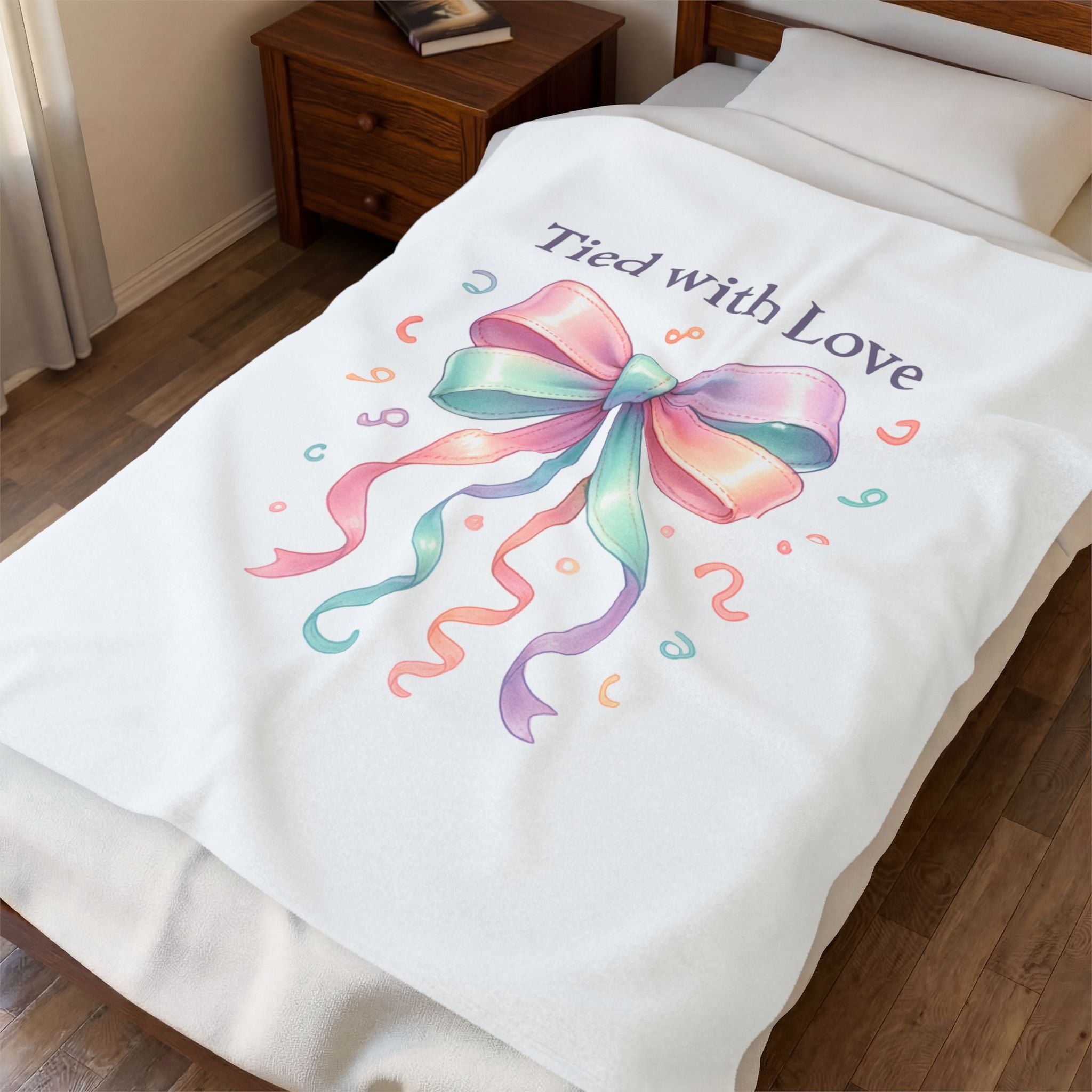 Velveteen Plush Blanket — 'Tied with Love' Pastel Bow Cozy Throw (Gift, Baby Shower, Mother's Day)