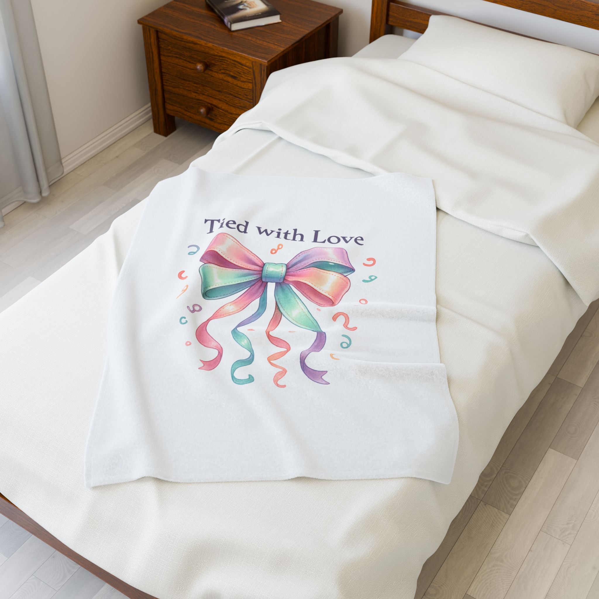 Velveteen Plush Blanket — "Tied with Love" Pastel Ribbon Throw for Gifts, Baby Showers & Cozy Keepsakes