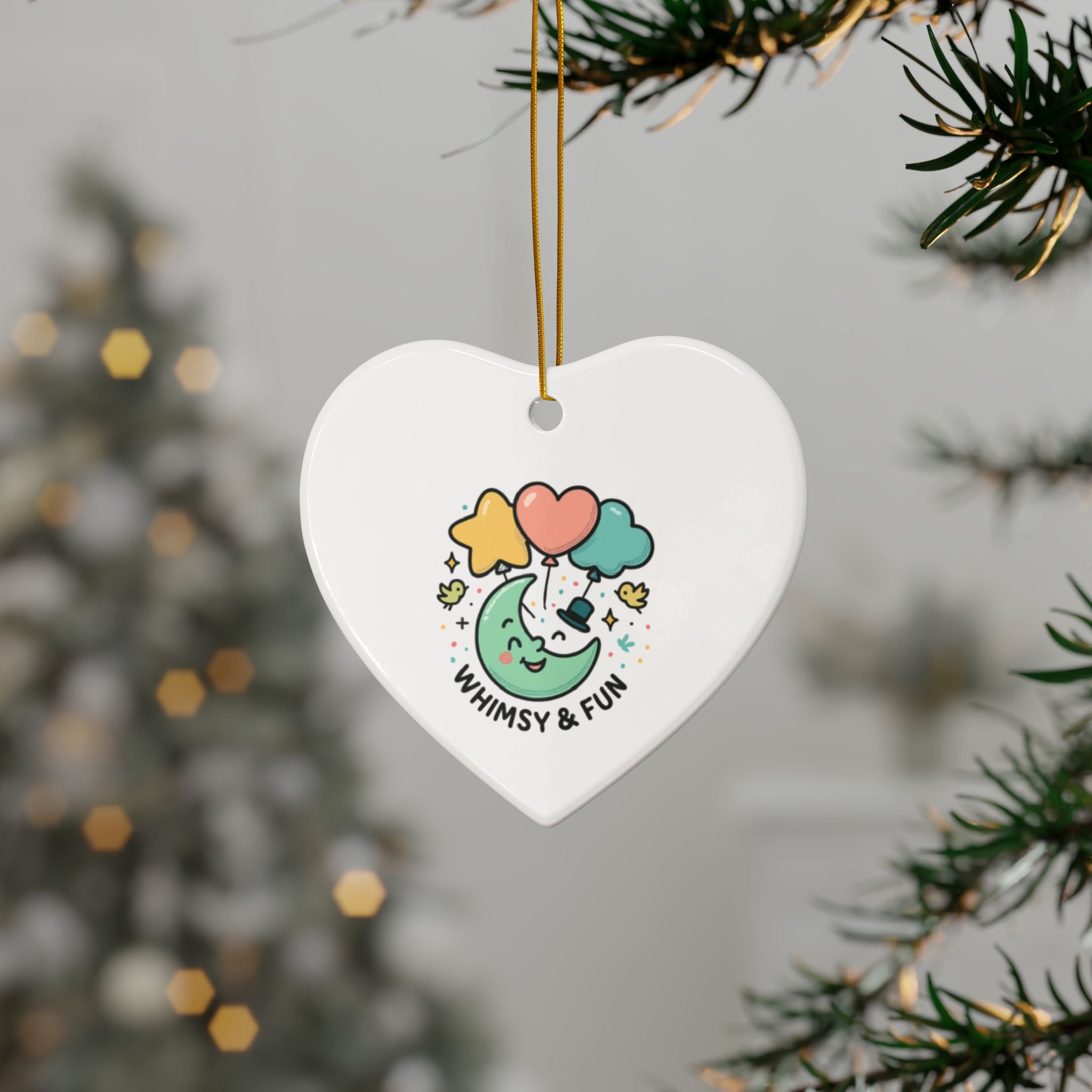 Whimsical Moon with Balloons Ceramic Ornament | Double-Sided Round Ornament