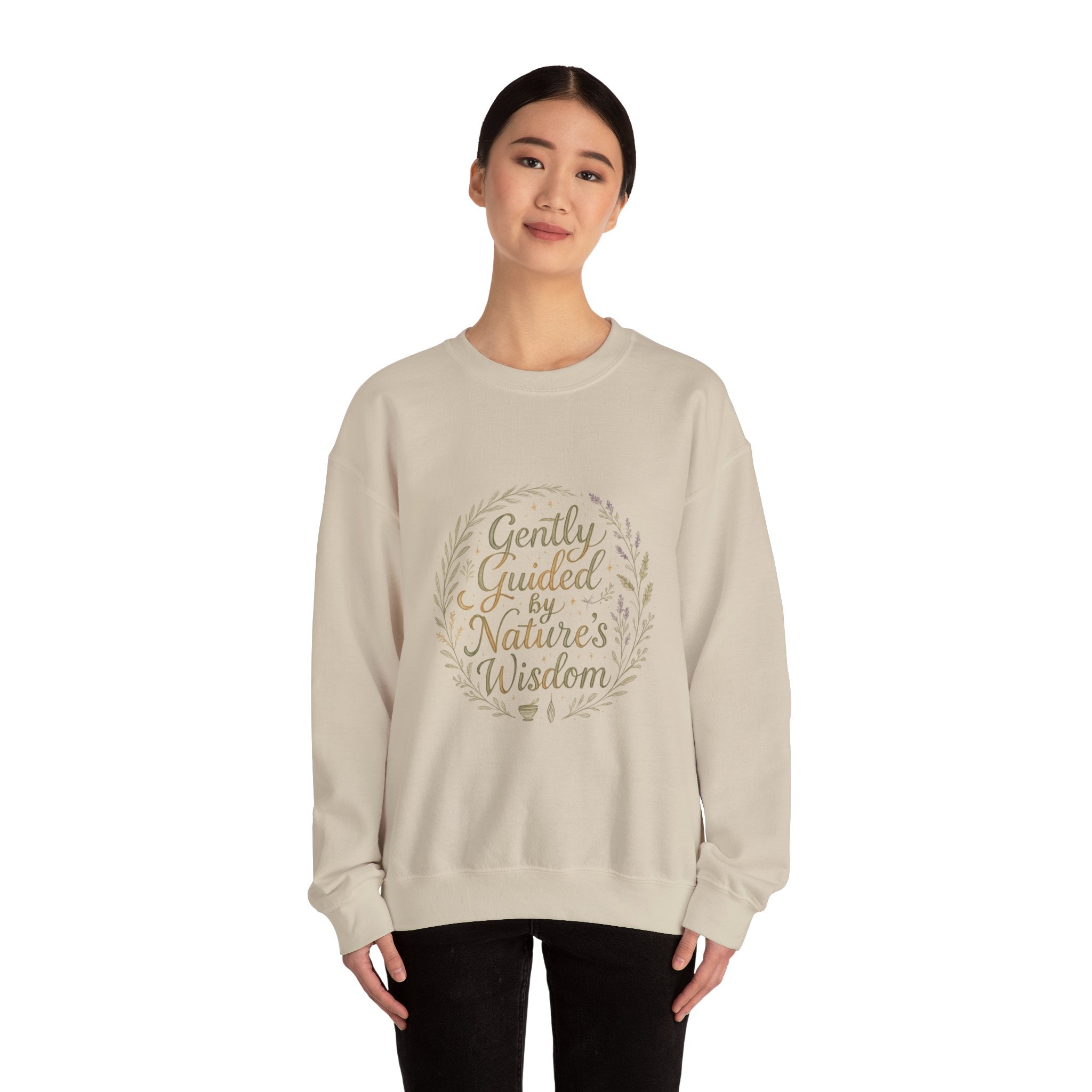 Crewneck Sweatshirt — "Gently Guided by Nature's Wisdom" Floral Wreath Eco Vibe