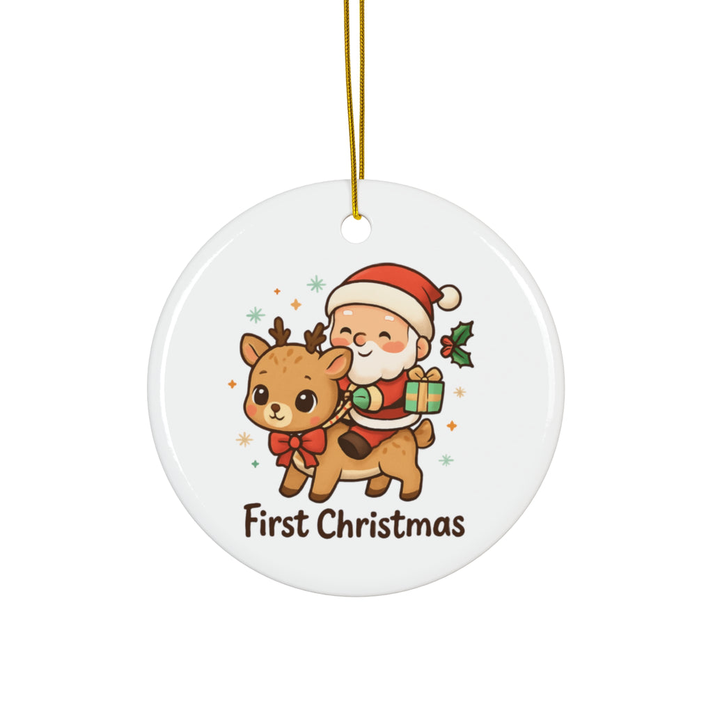 Santa and Reindeer First Christmas Ornament | Ceramic Round Ornament