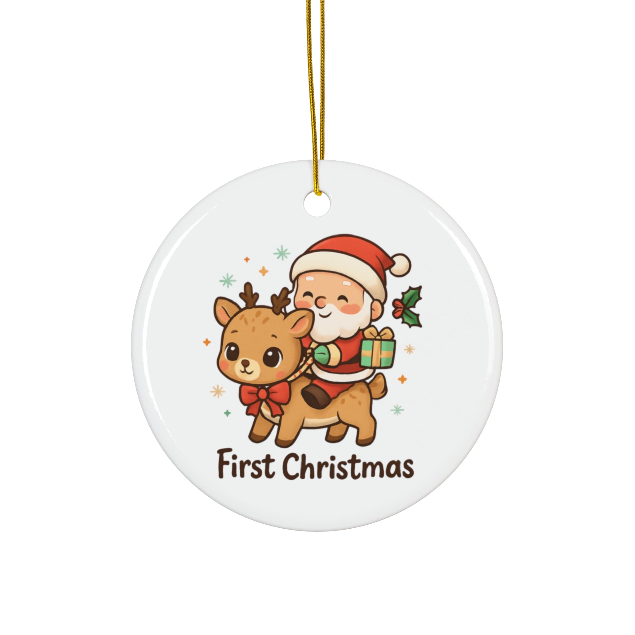 Santa and Reindeer First Christmas Ornament | Ceramic Round Ornament