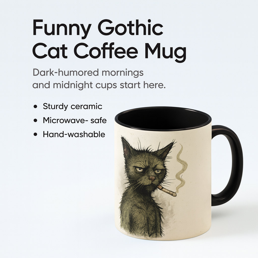 Grumpy Cat Smoking Coffee Mug — Funny Gothic Cat Accent Mug (11/15oz)