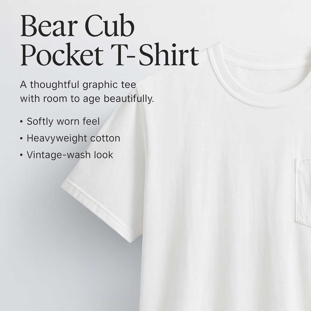 Bear Cub Pocket Art T-Shirt | Minimal Woodland Graphic, White Pocket Tee