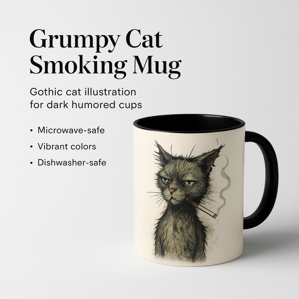 Grumpy Cat Smoking Coffee Mug — Funny Gothic Cat Accent Mug (11/15oz)